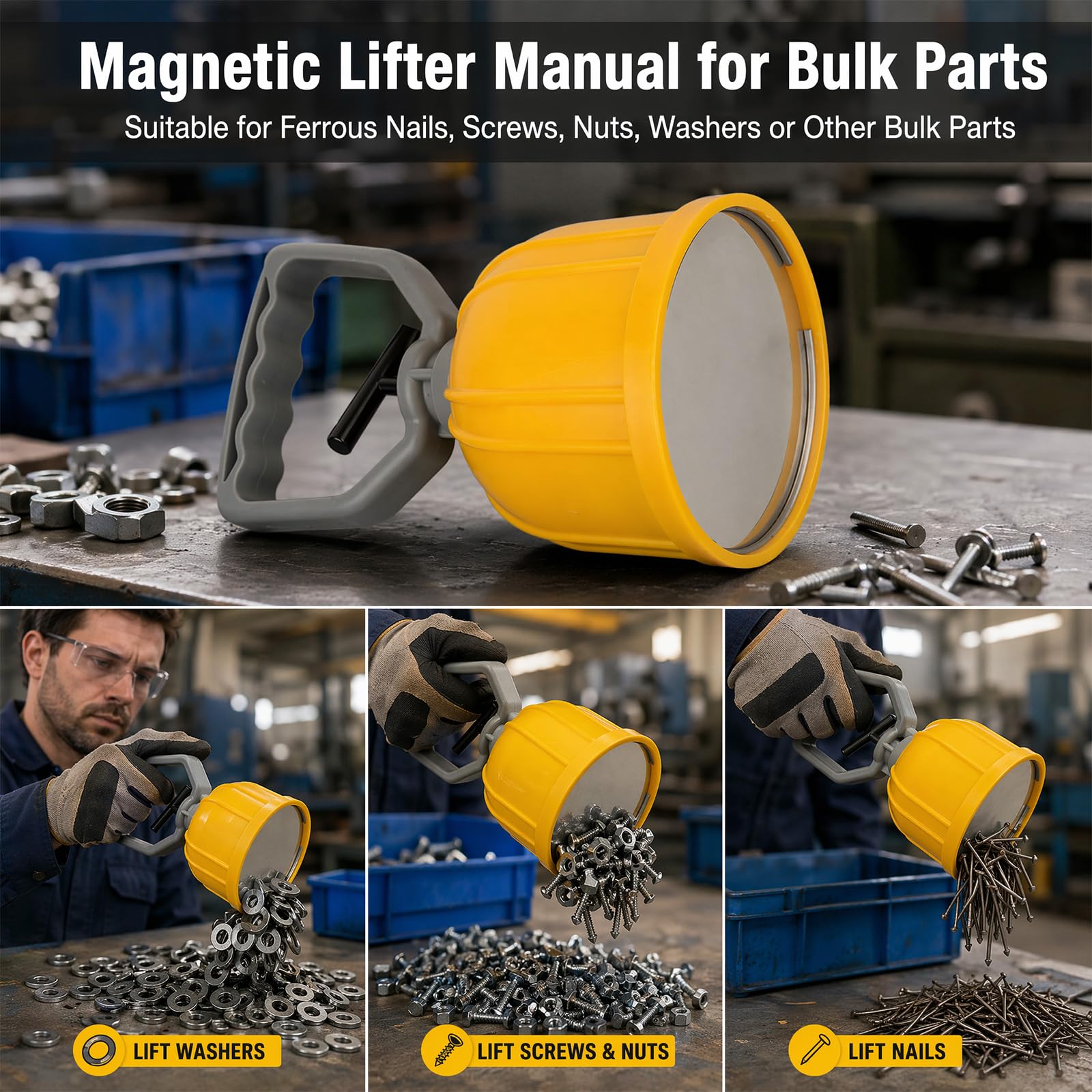 Forte sollevatore magnetico per parti di agitazione, strumento di pickup magnetico resistente, a sgancio rapido, parti magnetiche, sollevatore manuale, oggetti in metallo