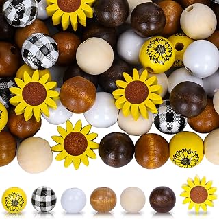 Whaline 210Pcs Sunflower Wood Beads Round Sunflower Pattern Wooden Beads with Hemp Rope Sunflower Shape Space Beads Colorful Craft Beads for Farmhouse DIY Bead Garland Necklace Making Supplies