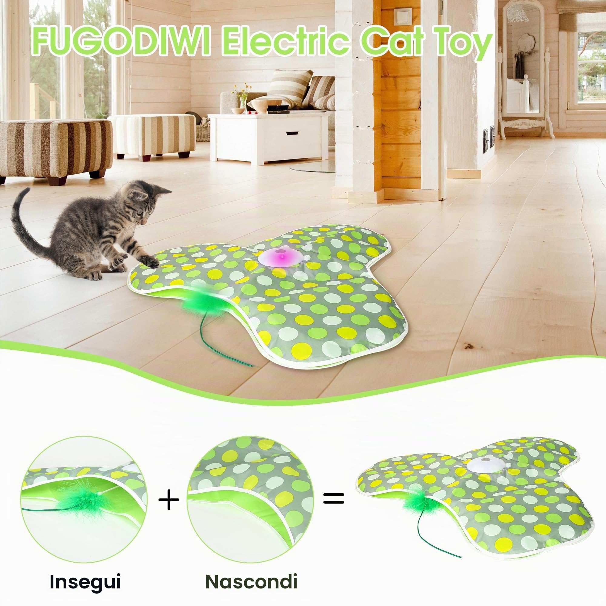 Giochi per Gatti Interattivi, Gioco Gatto in Casa, Gioco per Acchiappare i Topi, con Piume Rimovibili, Modalità Standby Automatica, Giocattolo per Gatti Ricaricabile Tramite USB (Verde)