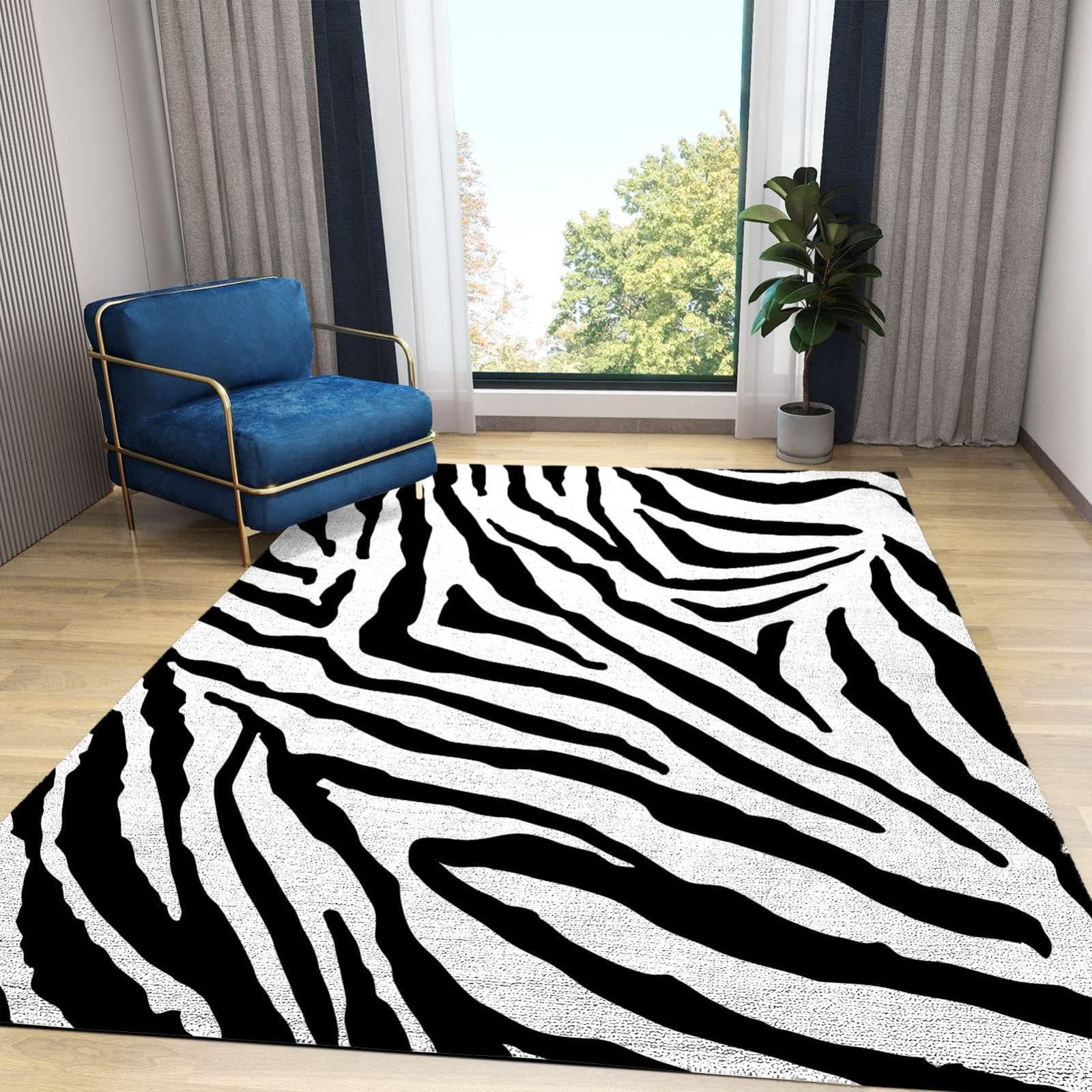 Tapis de Décoration Motif De Peau De Zèbre Noir Et Blanc, 140 x 200 cm Tapis Moquette de Chambre à Poils Ras, Paillasson Intérieur - pour Chambre à Coucher de Salon
