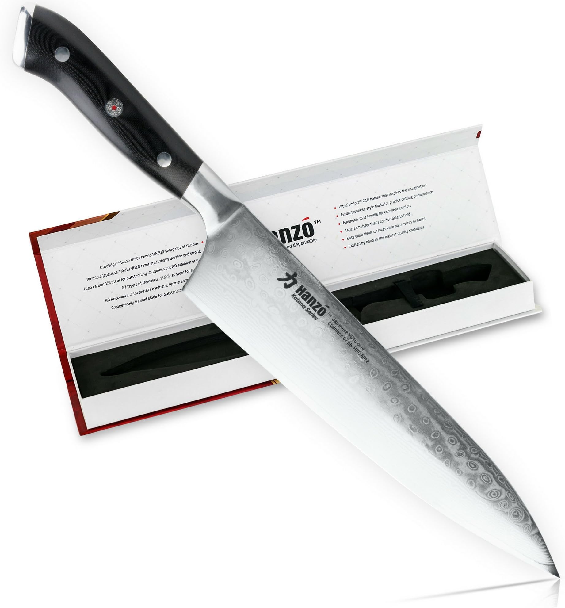 HANZO Chef Knife Professional Knives - 9.5 inch Katana Series 67 ply Japanese VG10 steel - G10 Military Grade Custom Contoured Handle – Outstanding handling and edge retention