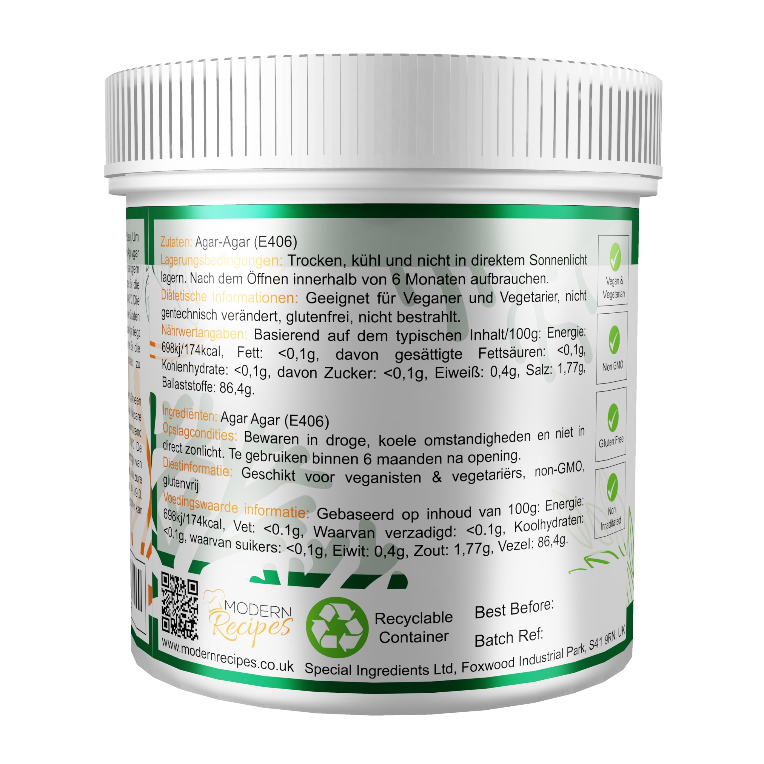Special Ingredients Agar Agar 500g Höchster Qualität, Vegan Gelatin, GVO-frei, Glutenfrei, EU-Ursprung