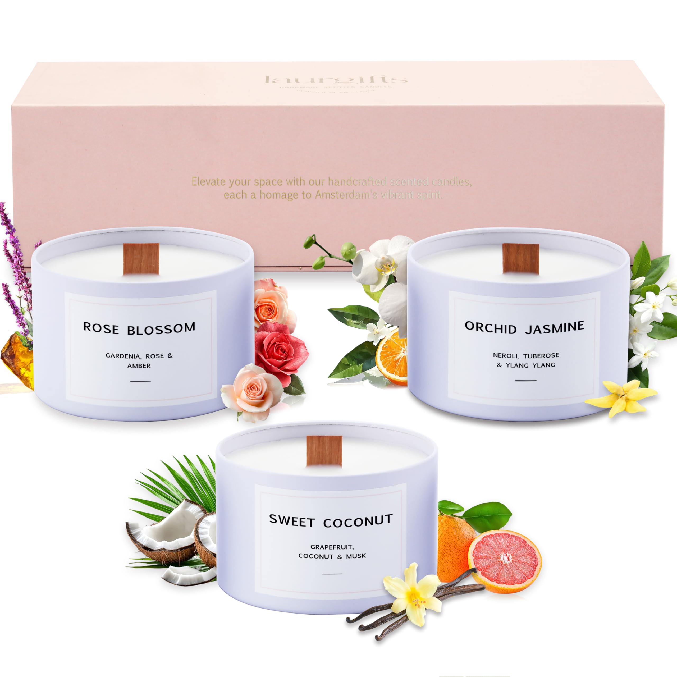 LaurGifts Duftkerzen Geschenkset - 3 Premium Floral Soja-Kerzen in luxuriöser rosa Box - Orchidee & Jasmin, süße Kokosnuss, Blütenrose - Entspannungsgeschenk für Frauen, Geburtstag, Spa & Zuhause