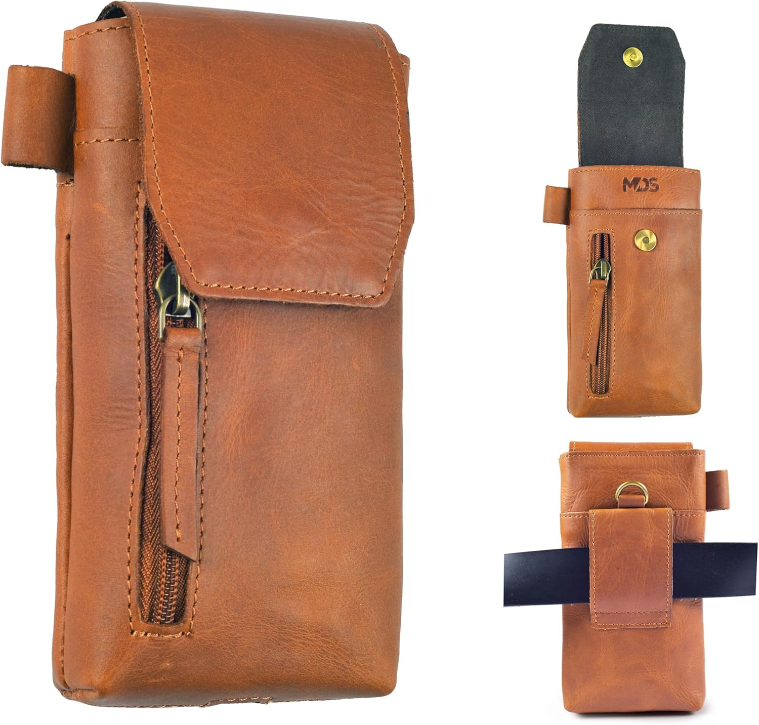 MDS Genuine Full-Grain Buffalo Leather Mobile Holster with Belt Clip 7”H x 3.5" W | Universal Carry Case Vertical Phone Pouch with Magnetic Closure & Waist Belt Loop | Fits Most Smartphones | Tan