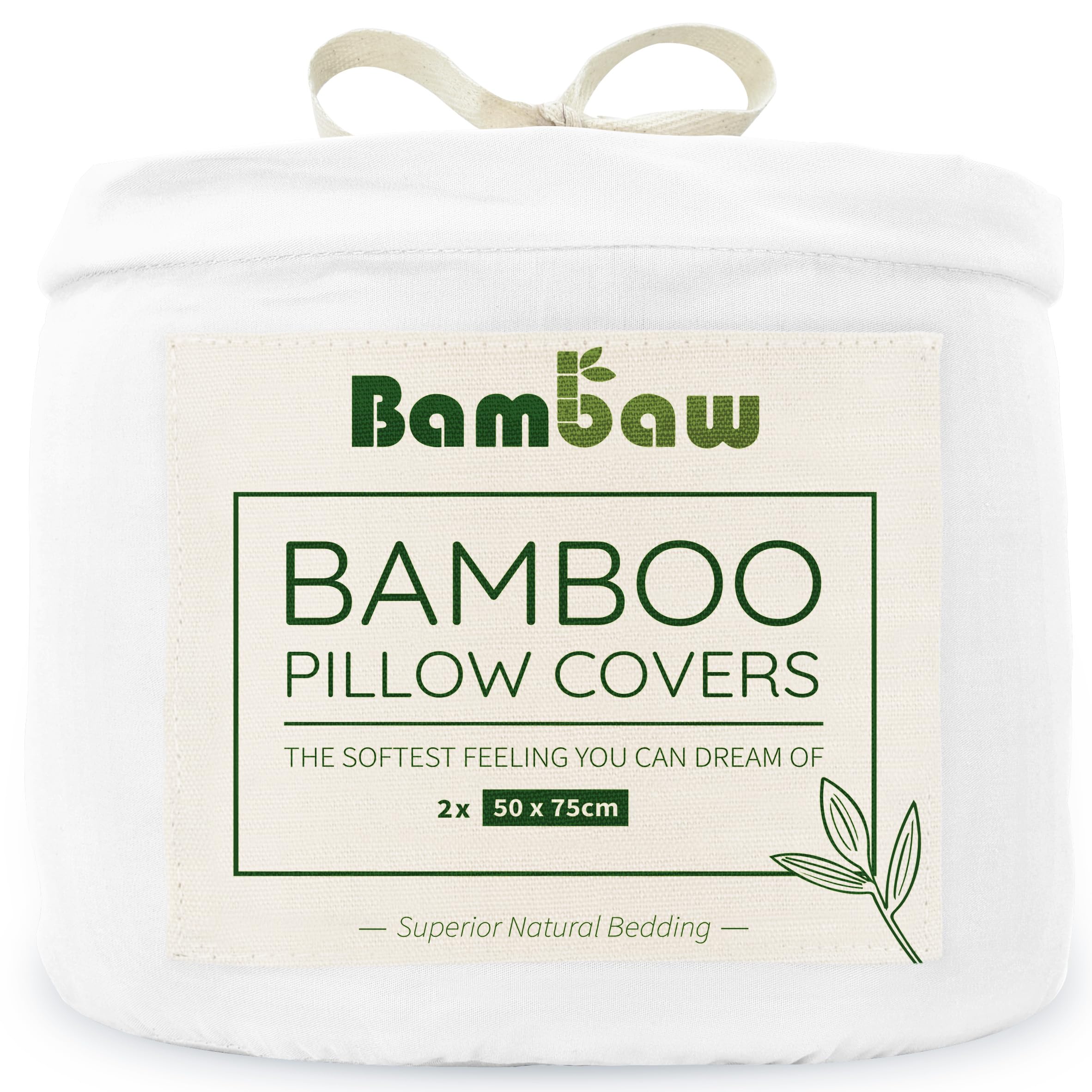 Bambaw Fundas Almohada 50x75 cm Bambu, Pack de 2, Sábanas de Verano Enfriadoras y Antiacaros, Sabanas Bambú Sostenible, Sabana Bambu Antiarrugas y Antiacne, Funda de Almohada 75x50 cm (Blanco) OEKO-TEX STANDARD 100 The Forest Stewardship Council