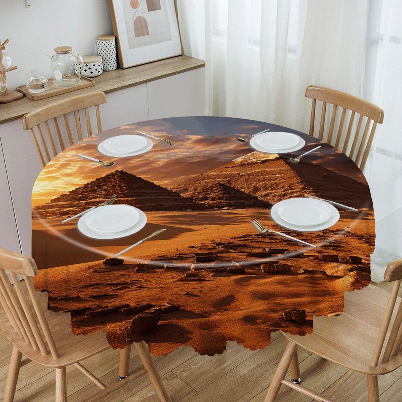 VstaDank Egyptian Pyramids Round Tablecloth Premium Polyester Table Cloth Heavy Duty Washable Fabric Tablecloth Waterproof Holiday Table Cover Decorative Tablecloths for Dining 60"