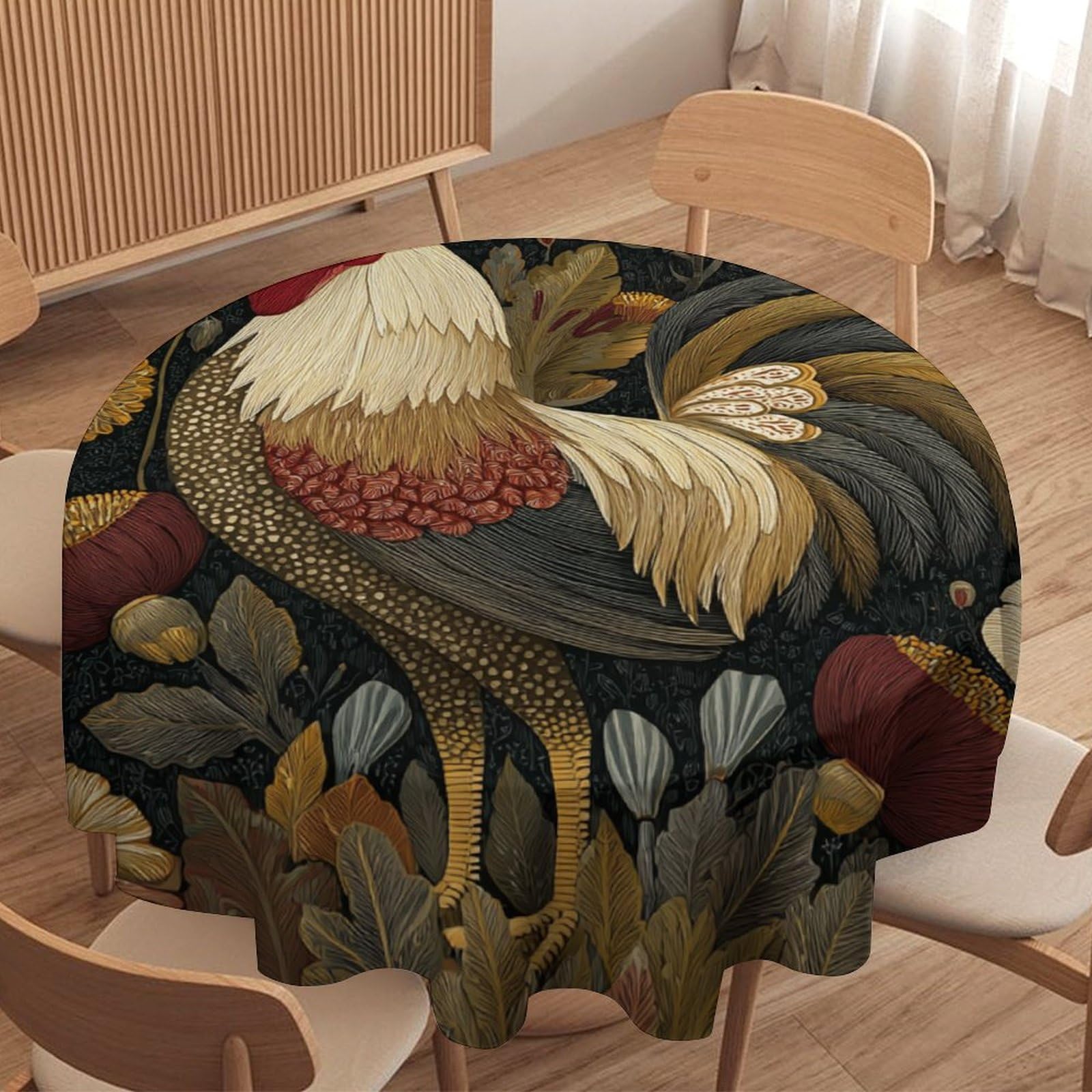 LUYYSKY Classic Vintage Roosters Round Tablecloth Beautiful Abstract Animals Chickens Botanical Plants Floral Pattern Washable Decor for Table Cover for Kitchen-177.8" Wx177.8 L cm