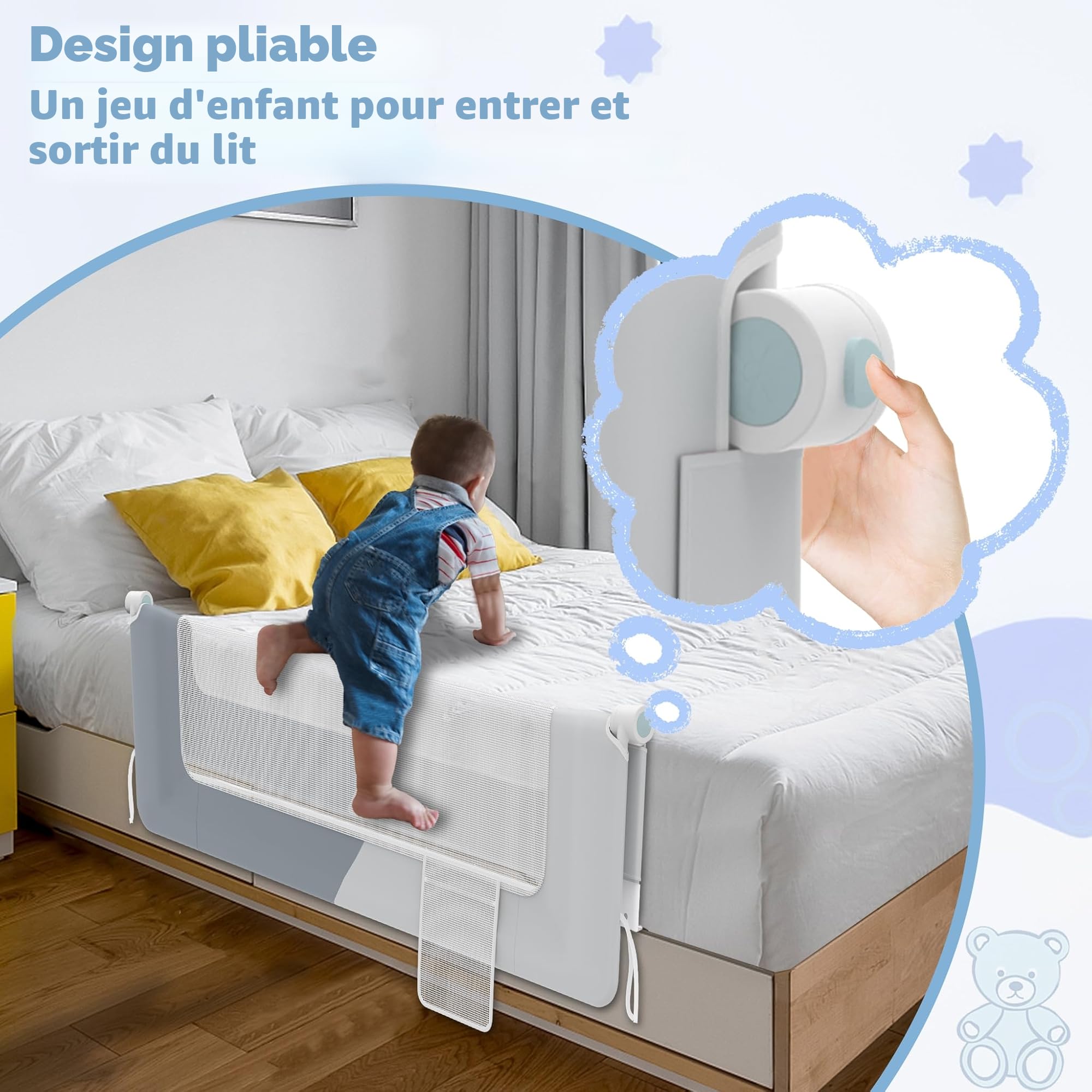 Barrière de lit rabattable protection anti-chute pour enfant 150 cm Gris foncé Gris clair