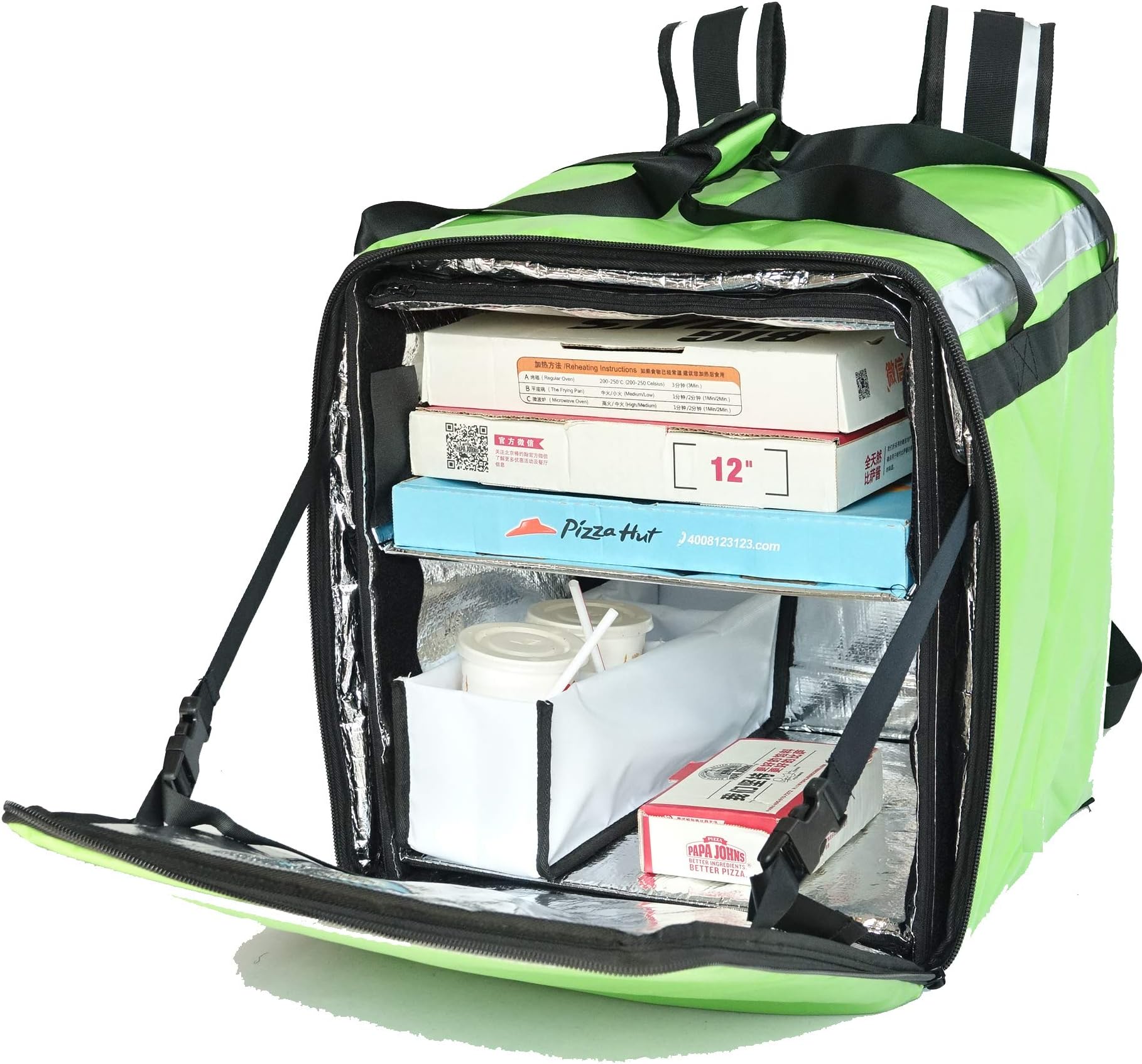 PK-76LG: Food Delivery Bag for Bike Courier, 14 inch Pizza Delivery Bag/Backpack, Thermal Food Bag for Scooter, Heat Insulated Delivery Bag, Side Loading, 2-Way Zipper Closure, 16"x15"x 18"