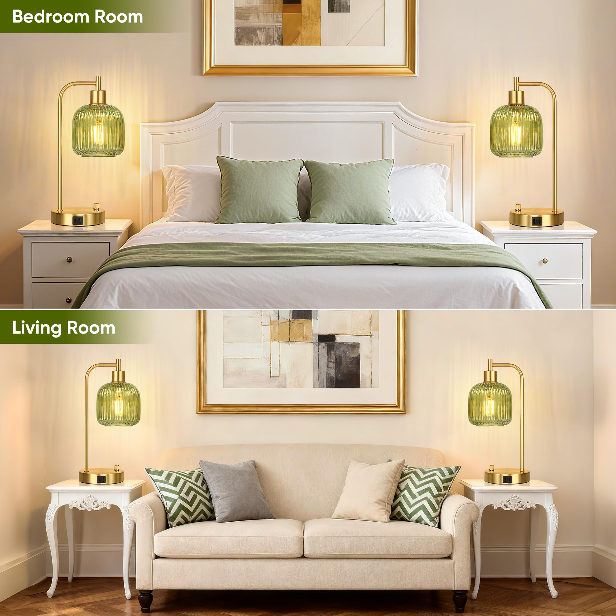 QiMH Lámpara de mesa industrial para dormitorio, juego de 2, lámpara de cristal verde con puertos USB A y C, lámparas doradas regulables continuas, lámparas de mesita de noche para sala de estar