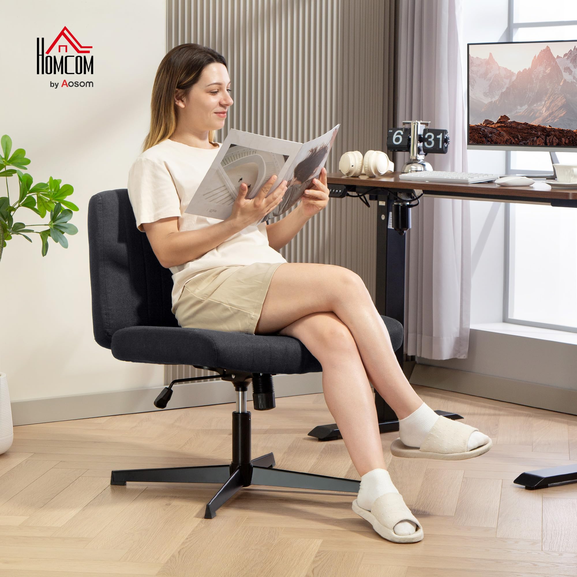 HOMCOM Silla Oficina sin Brazos ni Ruedas Lino Asiento Ancho Negro | Silla escritorio patas cruzadas, acolchado grueso, función mecedora, altura ajustable, asiento giratorio hogar