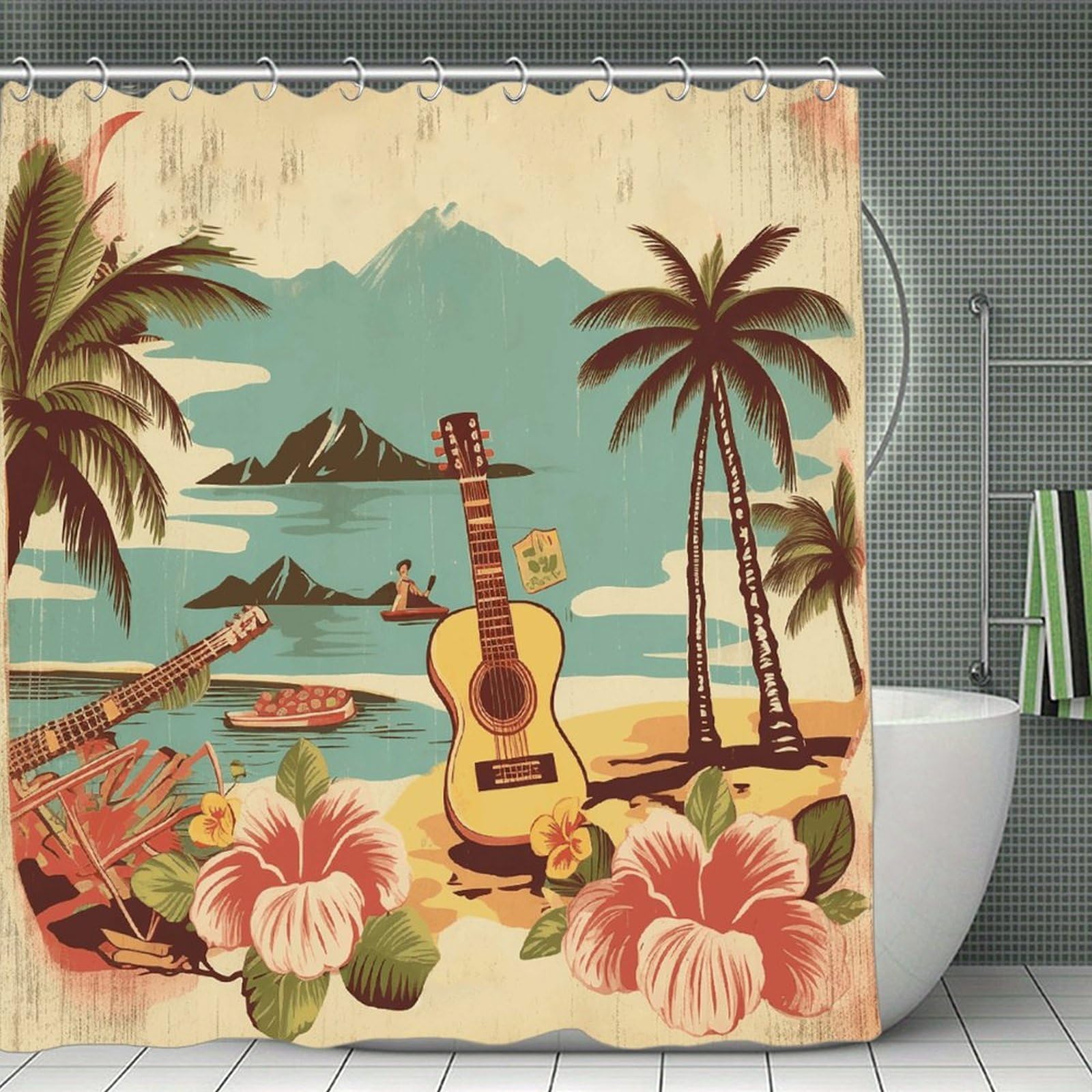 VstaDank Vintage Hawaii Bath Curtain Elegant Heavy Duty Shower Curtains 70x70 in Rustic Farmhouse Cloth Shower Curtains Neutral Modern Bath Curtain for Bathroom