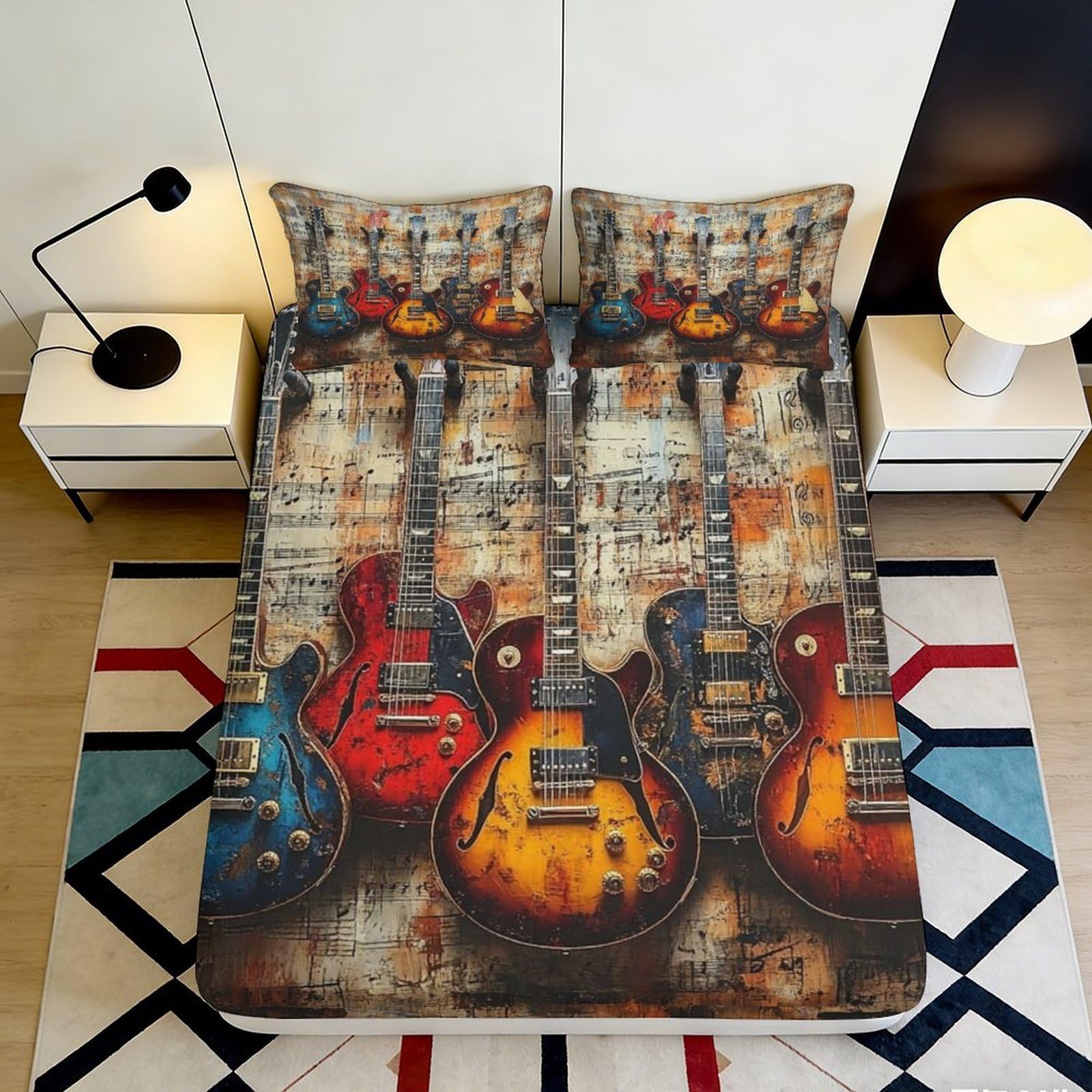 Dhbaneiok Style-6 3D Printed Vintage Guitar Fitted Sheet Microfiber Soft Breathable Retro Musical Bed Cover For Bedroom Dorm Decor 90X200x25cm