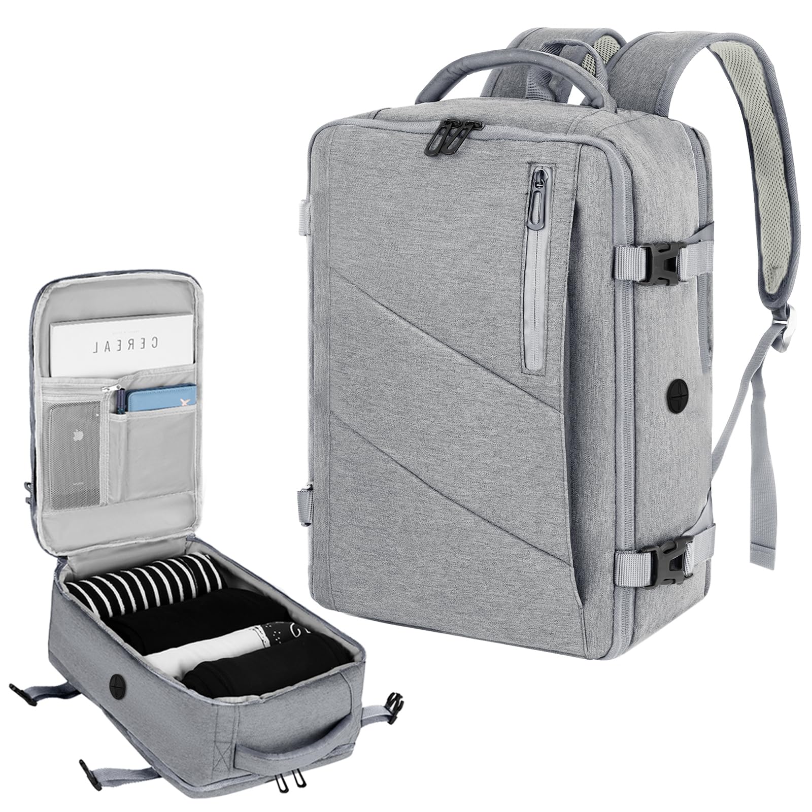 VOESLD Zaino per Ryanair 40x20x25, Zaino da Viaggio Aereo Bagaglio a Mano Grigio Chiaro Zaini Porta PC Donna Uomo Zaini Bagaglio a Mano per Tutte le Principali Compagnie Aeree