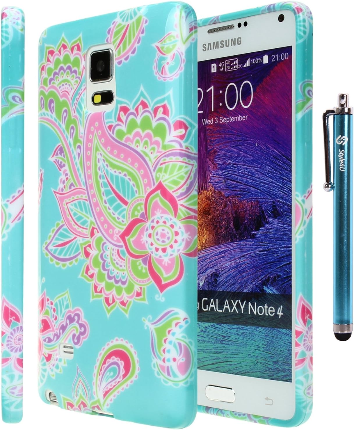 Note 4 Case, Style4U Galaxy Note 4 Fashion Printed Design Slim Fit Flexible Gel Case for Samsung Galaxy Note 4 with 1 Stylus and 1 HD Clear Screen Protector [Mint Green]