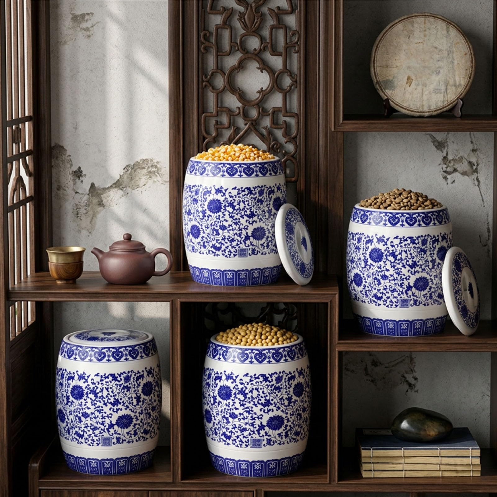 Contenedor de Cerámica Azul y Blanco, Tarro de Porcelana para Organización de Casa y Cocina, Capacidad 10kg 15kg 25kg, Recipiente para Materiales Secos