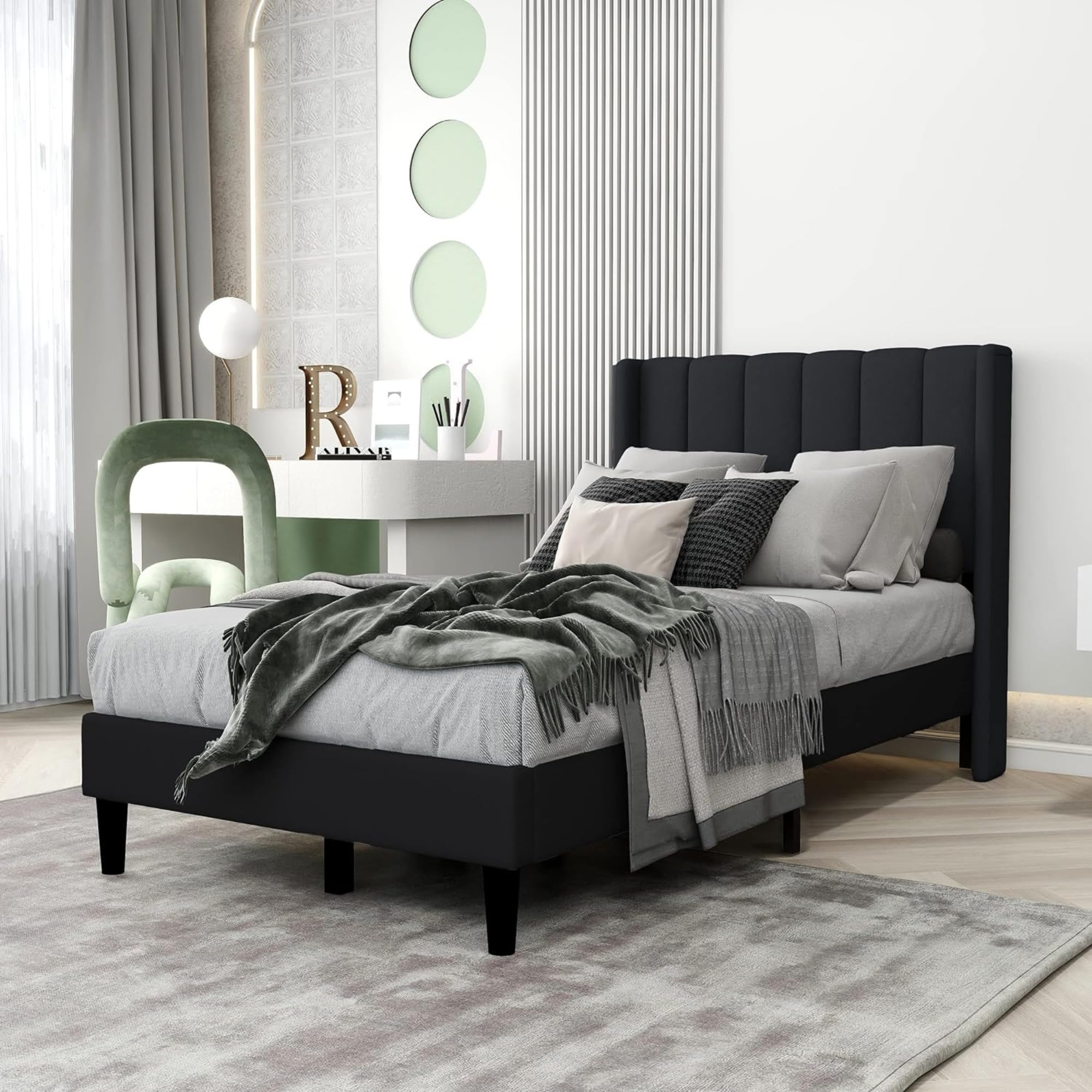 Wooden Twist Modern Rectangular Velvet Upholstery Bed with Soft Wingback Headboard Transform Your Bedroom Into a Sanctuary of Comfort and Style with Our Upholstery Bed (Black) (Twin)