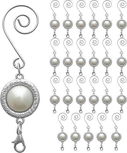 Gancho para adornos de Navidad con gancho en S y pinza de langosta  Juego de 24  Perla blanca con ajuste plateado  Accesorios y detalles de Navidad