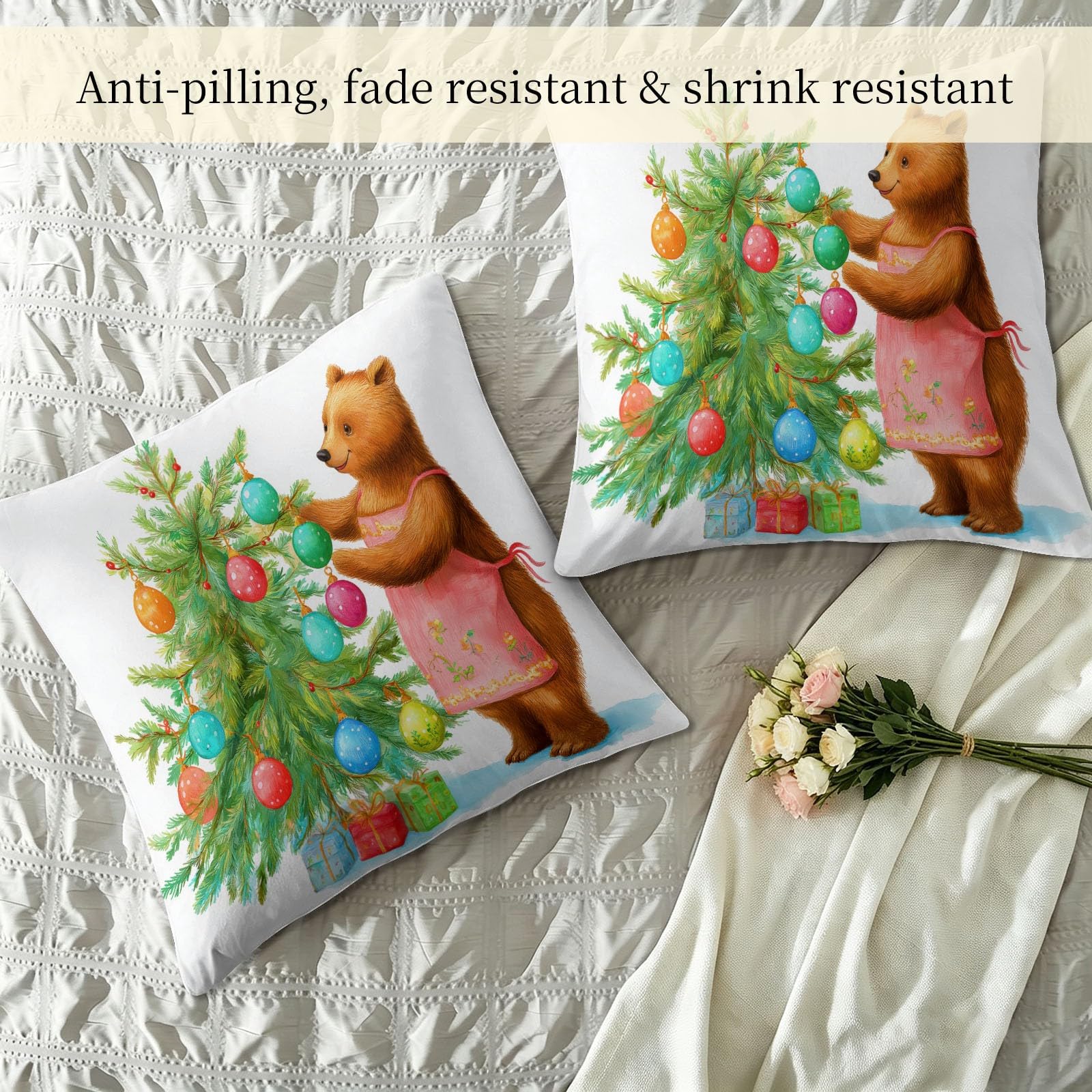 Sommerdecke ohne bezug 155x220 cm Weihnachtsstil Tiere Pflanzen Antiallergisch Leichtsteppbett & Ganzjahresdecke - Waschbar mit 2 Kissenbezügen Kiefer Baum Kugeln Bär Weiche und Atmungsaktive Wende