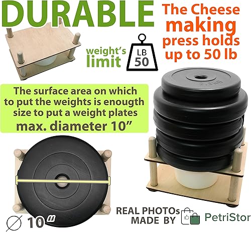 Miniatura 8 de Prensa de queso de madera para suministros de fabricación de queso, guías de madera de 12 pulgadas y molde de queso con pistón seguidor de 1.3