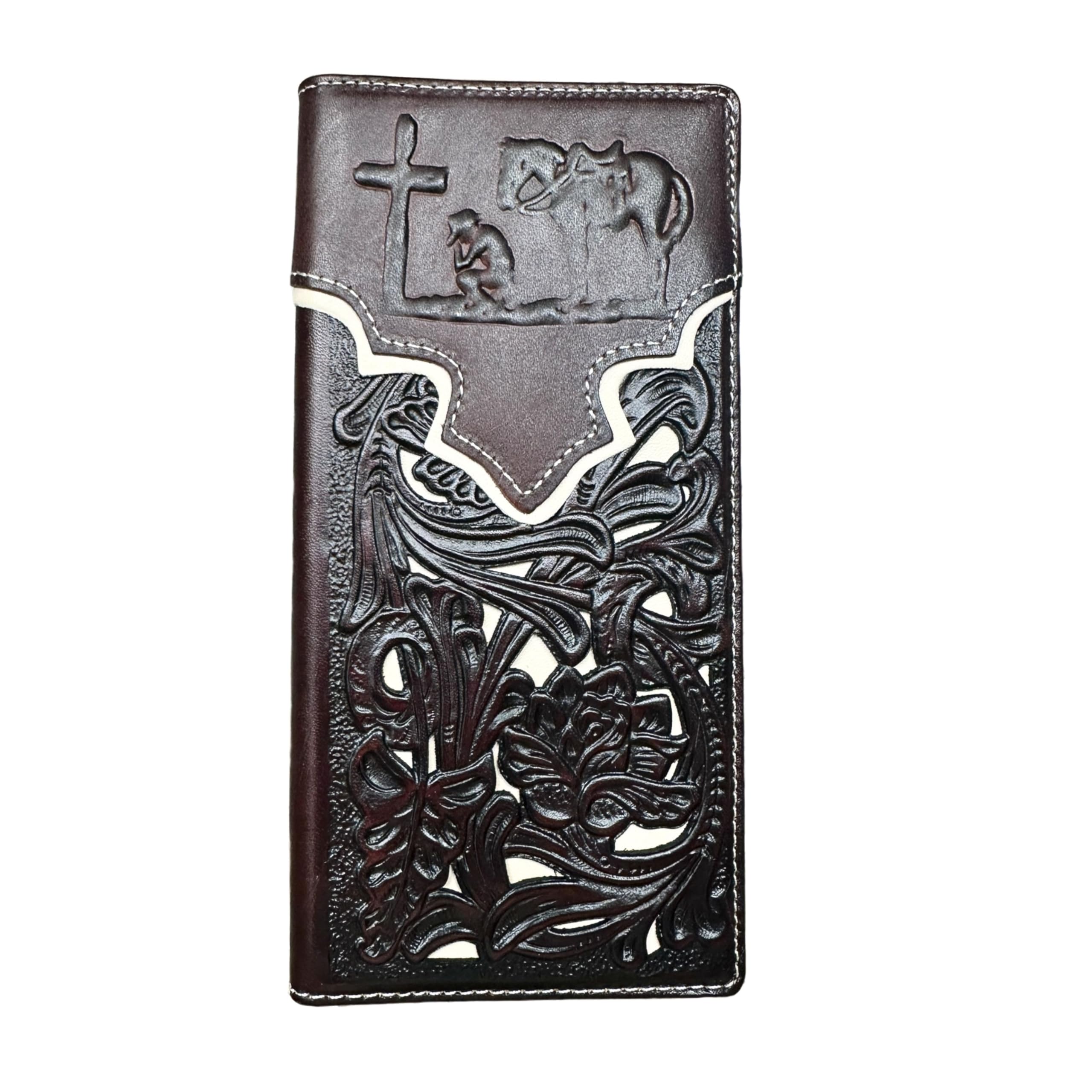 Western Stakes Men’s Long Leather Wallet – Embossed Cowboy Praying at Cross with Laser Cut Floral Design – Christian Rodeo Bifold Wallet for Ranchers,