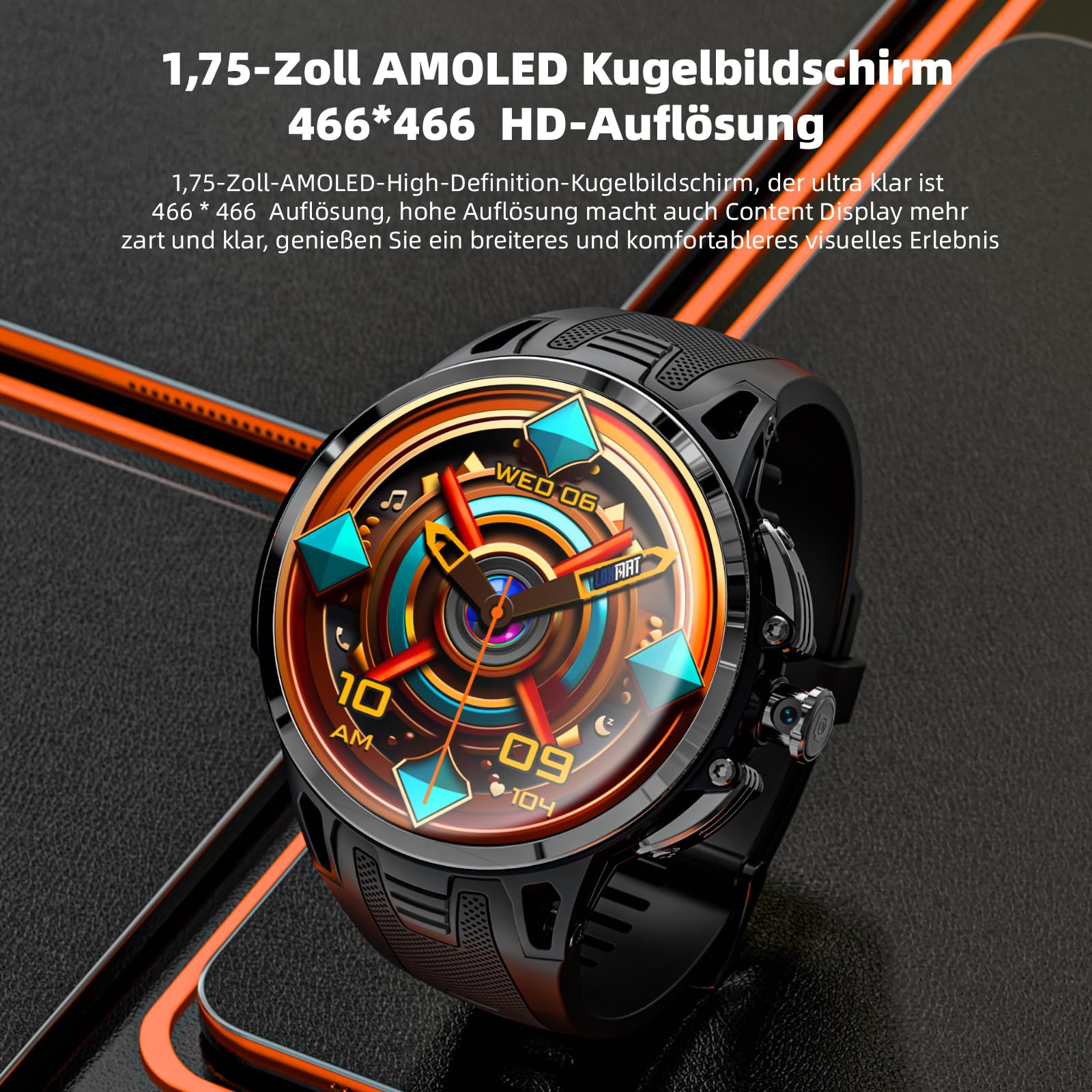 LOKMAT Reloj inteligente Android 4G, pantalla AMOLED de 1,75 pulgadas, 3 GB+32 GB, rastreador de actividad deportiva para hombres y mujeres, con ranura para tarjeta SIM, cámara giratoria, GPS, NFC