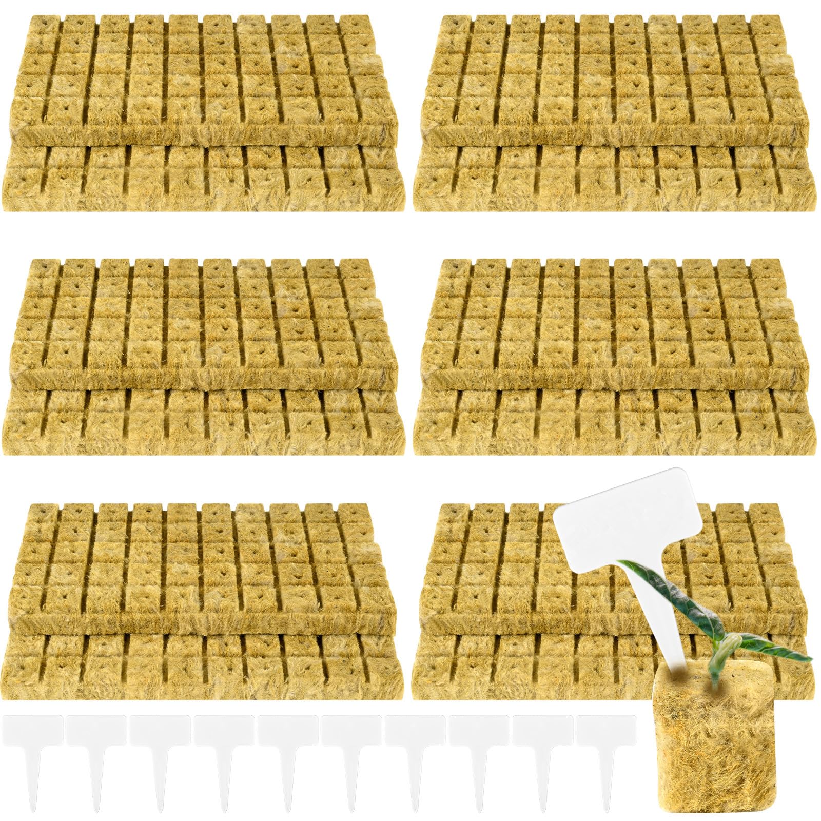 600 Pieces 1'' Rockwool Cubes for Hydroponics, Rock Wool Planting Cubes with 10 Plant Name Tags Rockwool Starter Plugs Mini Blocks for Soilless Cultivation Seedlings Cutting