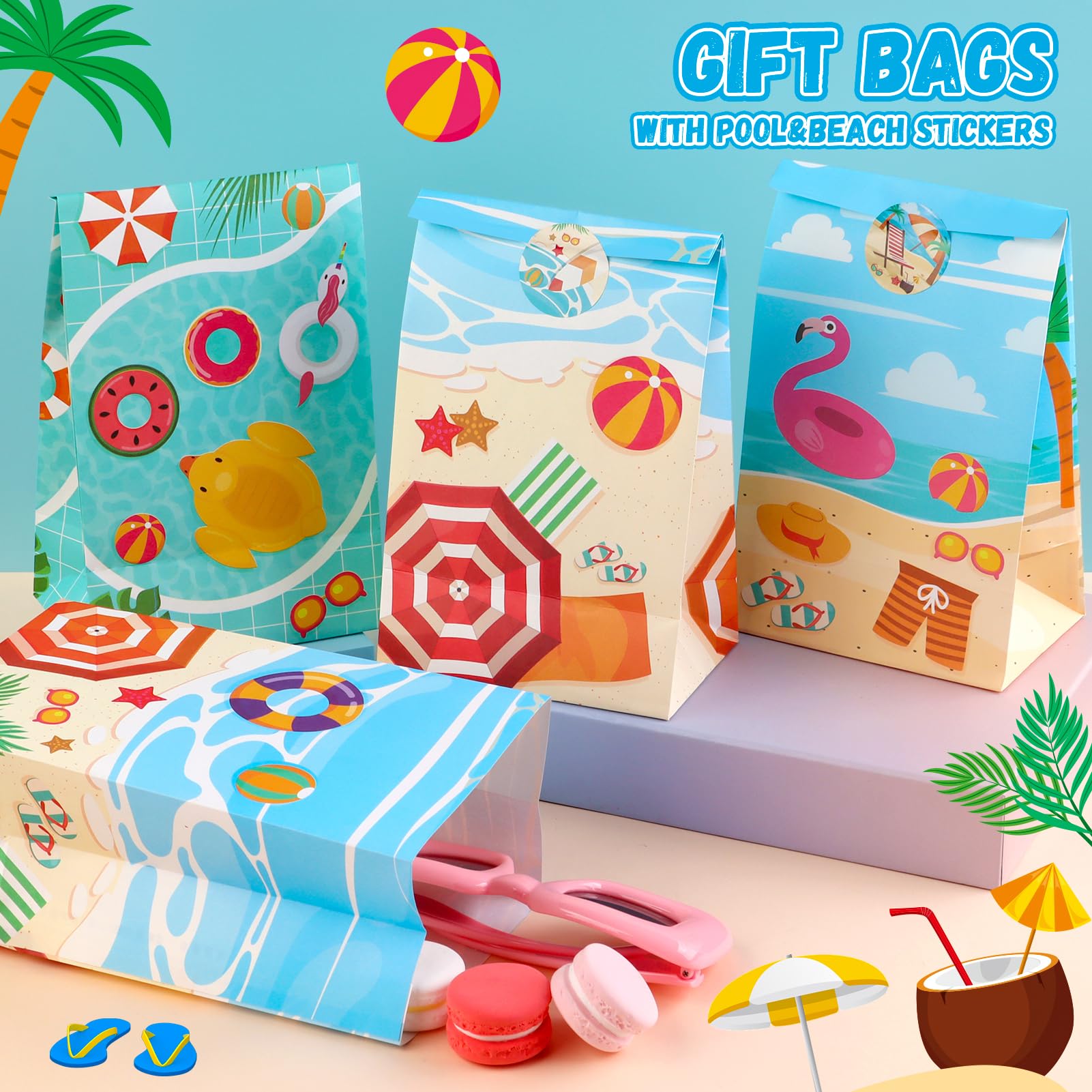 HEJIN 30 PCS Pool Party Favor Bags with 36 Stickers, Summer Gift Bags Pool Party Decorations Supplies for Kids, Mermaid Goodie Bags Beach Gifts for Birthday, Baby Showers, Wedding