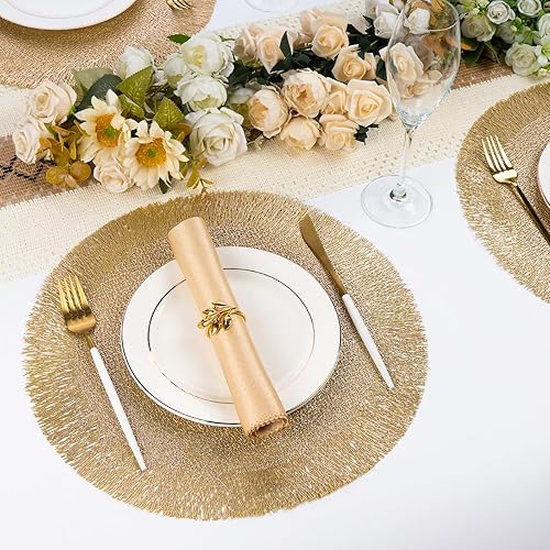 Miniatura 2 de Evevda Juego de 6 manteles individuales dorados redondos con huecos para mesa de vinilo prensado metálico, manteles individuales impermeables a