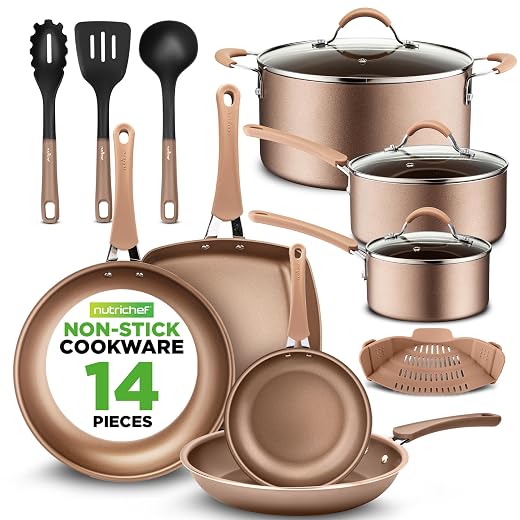NutriChef 14-Piece Nonstick Cookware PTFE/PFOA/PFOS-Free Heat Resistant Lacquer Kitchen Ware Set w/Saucepan, Frying Pans, Cooking, Dutch Oven Pot, Lids, Utensil NCCW14S, AGold