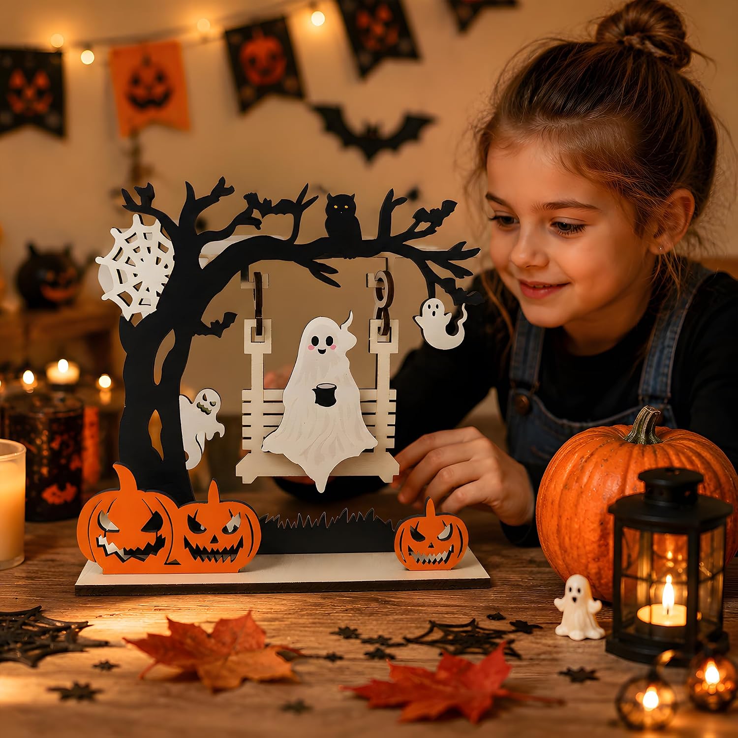 Halloween Decorations - Ghost Pumpkin Wooden Centerpiece Table Decor