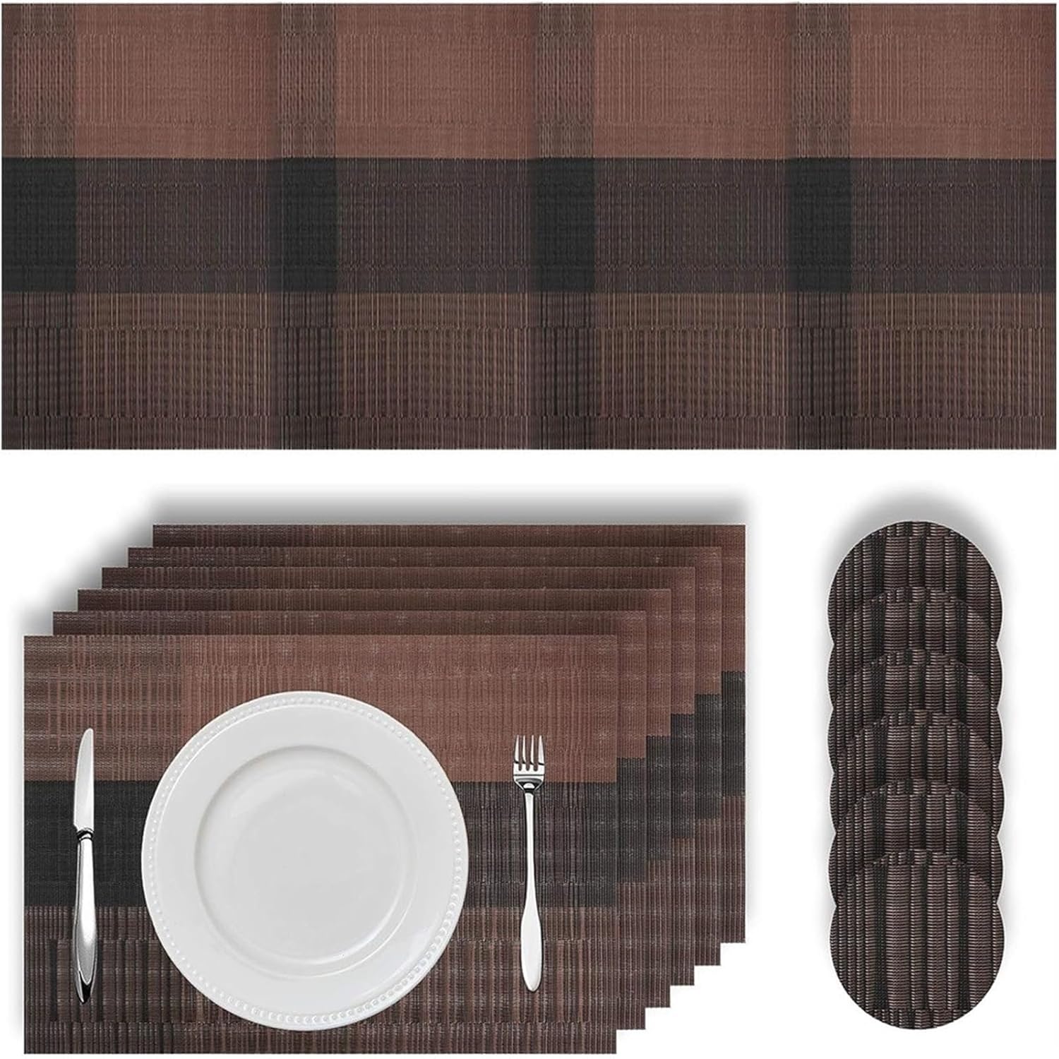 Placemats with Table Runner Sets Place Mats Crossweave Placemat Kitchen Tablemat Washable PVC Table Mats for Dining Table(Black)