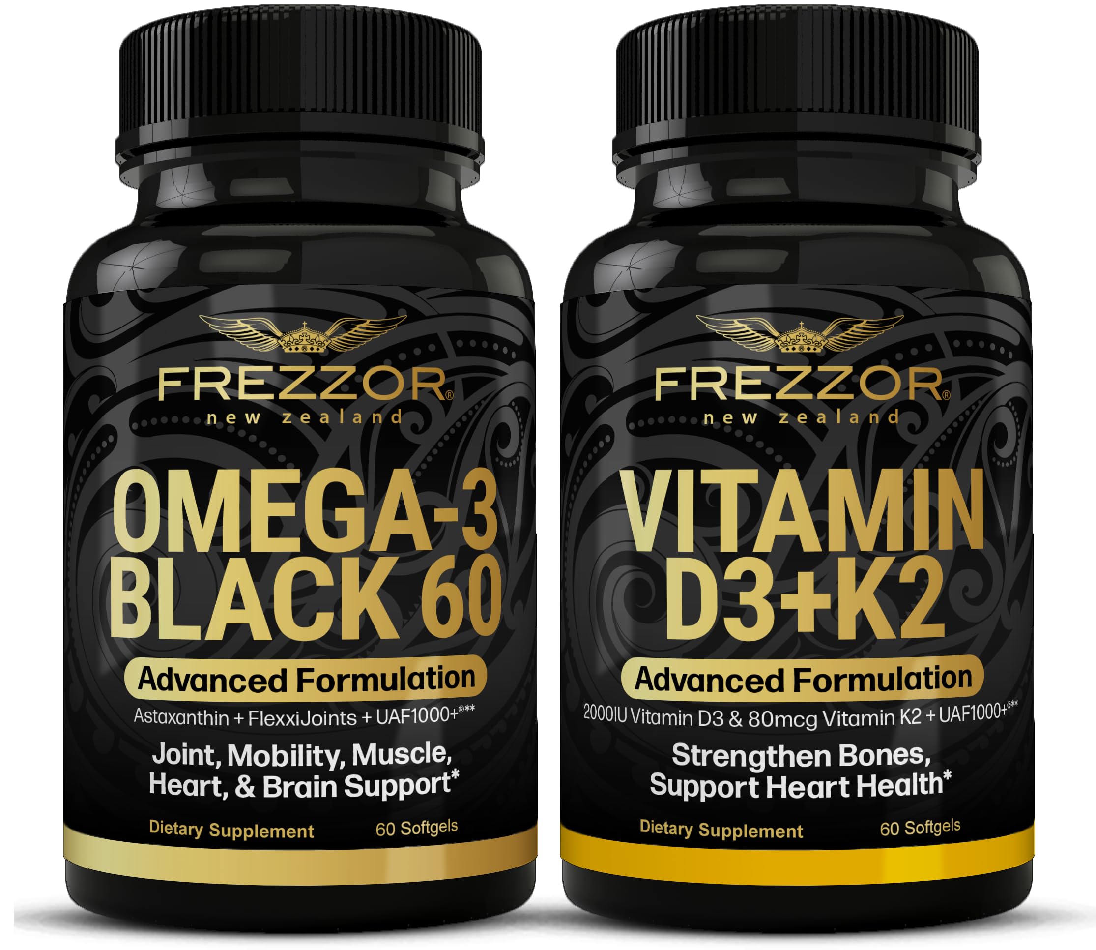 Omega 3 Black Green Lipped Mussel Oil, 53x Higher Potency for Superior Joint Comfort & Mobility, No Fishy Aftertaste, 1 Bottle, 60 Softgels Plus 1 Bottle of Vitamin D3+K2