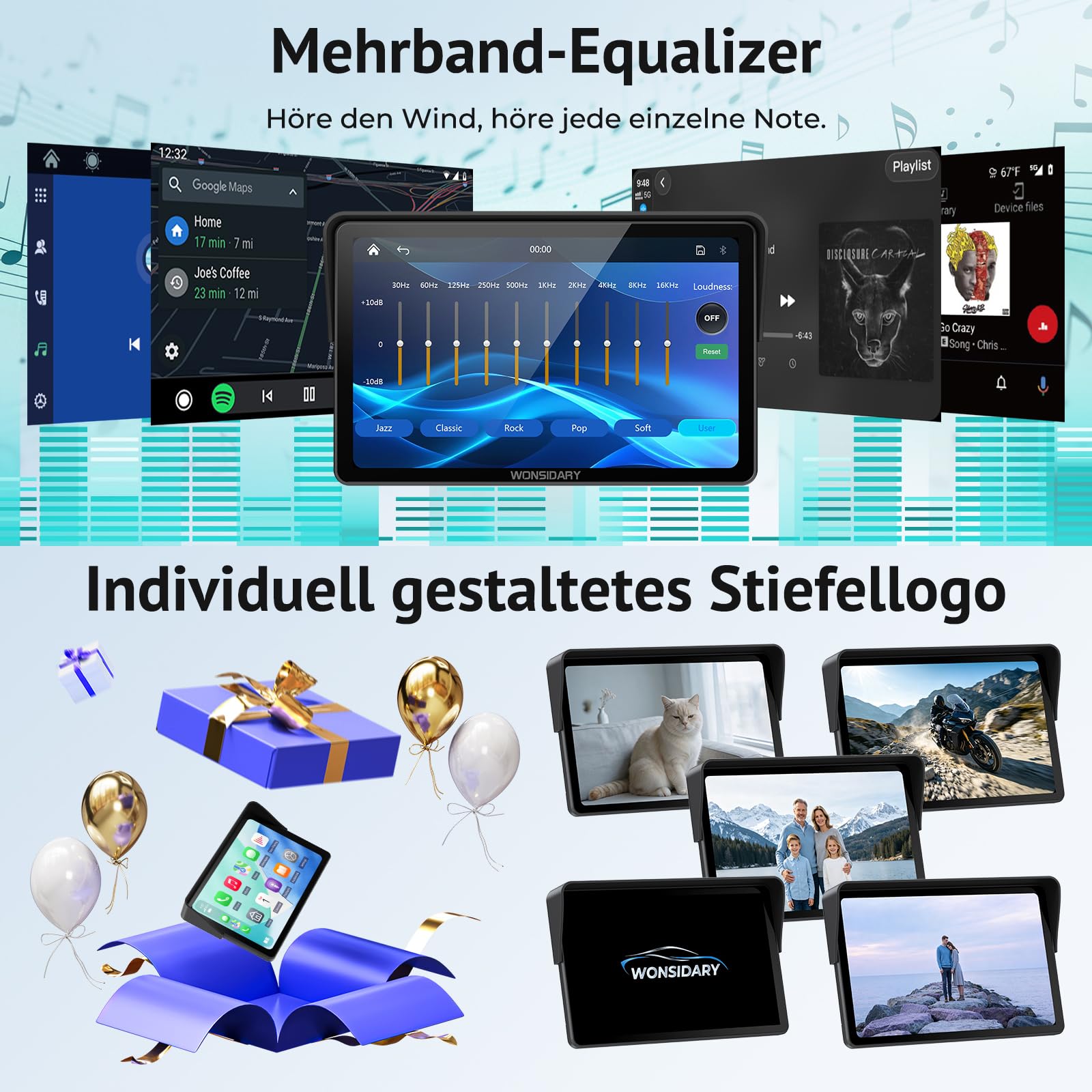 W722TPMS 7 Zoll Motorrad CarPlay Display mit TPMS & Android Auto | Motorrad Navi Display mit IP67 Wasserdichtes ,Dual Bluetooth, Sprachsteuerung, EQ，USB & ACC Anschluss für Motorrad Reisen