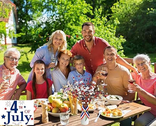 Miniatura 6 de QXBXYHM 4 púas de tallo de bayas artificiales patrióticas rojas, azules y blancas, con diseño de bayas y flores, para decoración del 4 de julio,