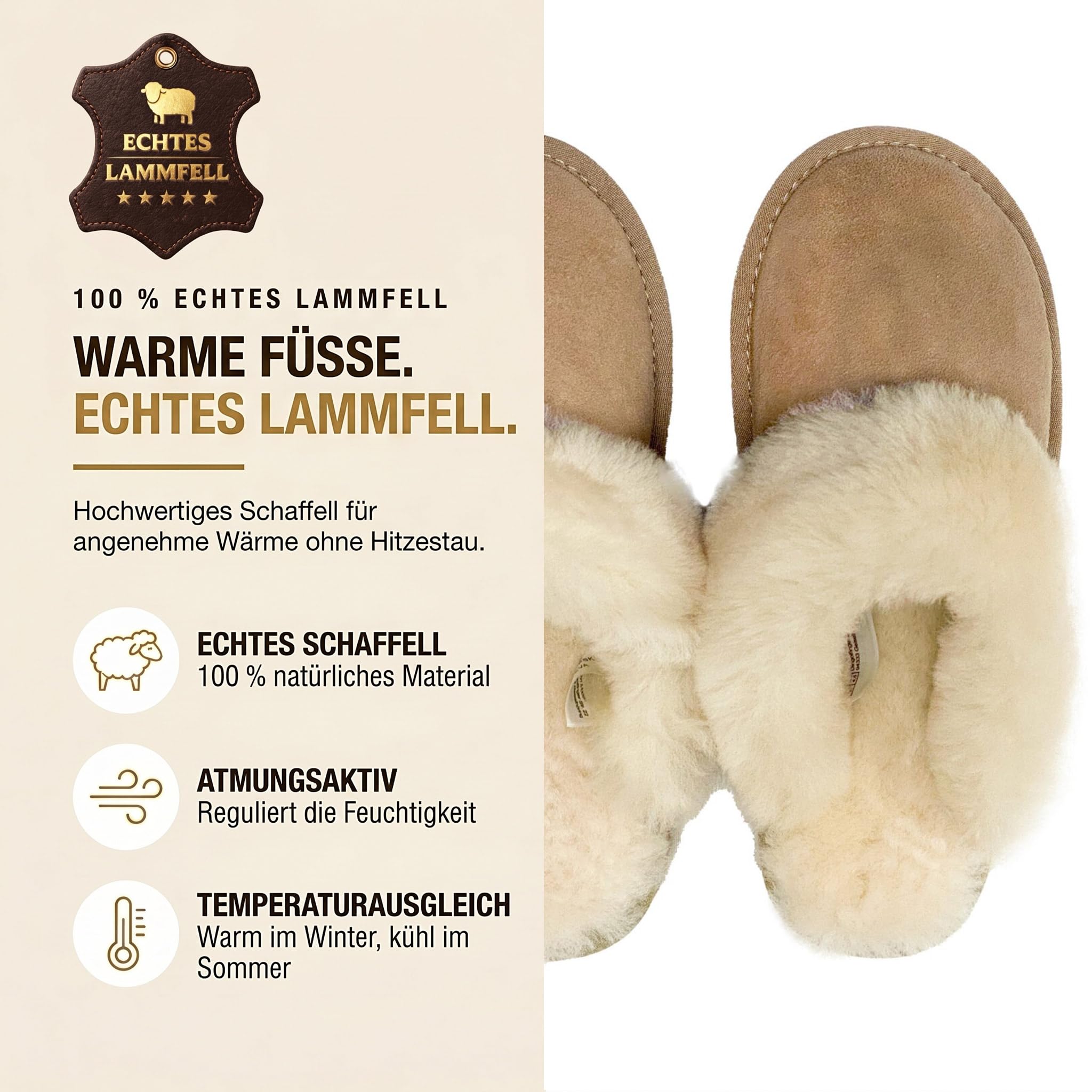 Rohn Moden Lammfell Hausschuhe Damen– Talea – Warme Hausschuhe Damen mit Schaffell & rutschfester EVA-Sohle – Winter Pantoffeln für zuhause – Slipper gefüttert - Braun Rose Grau