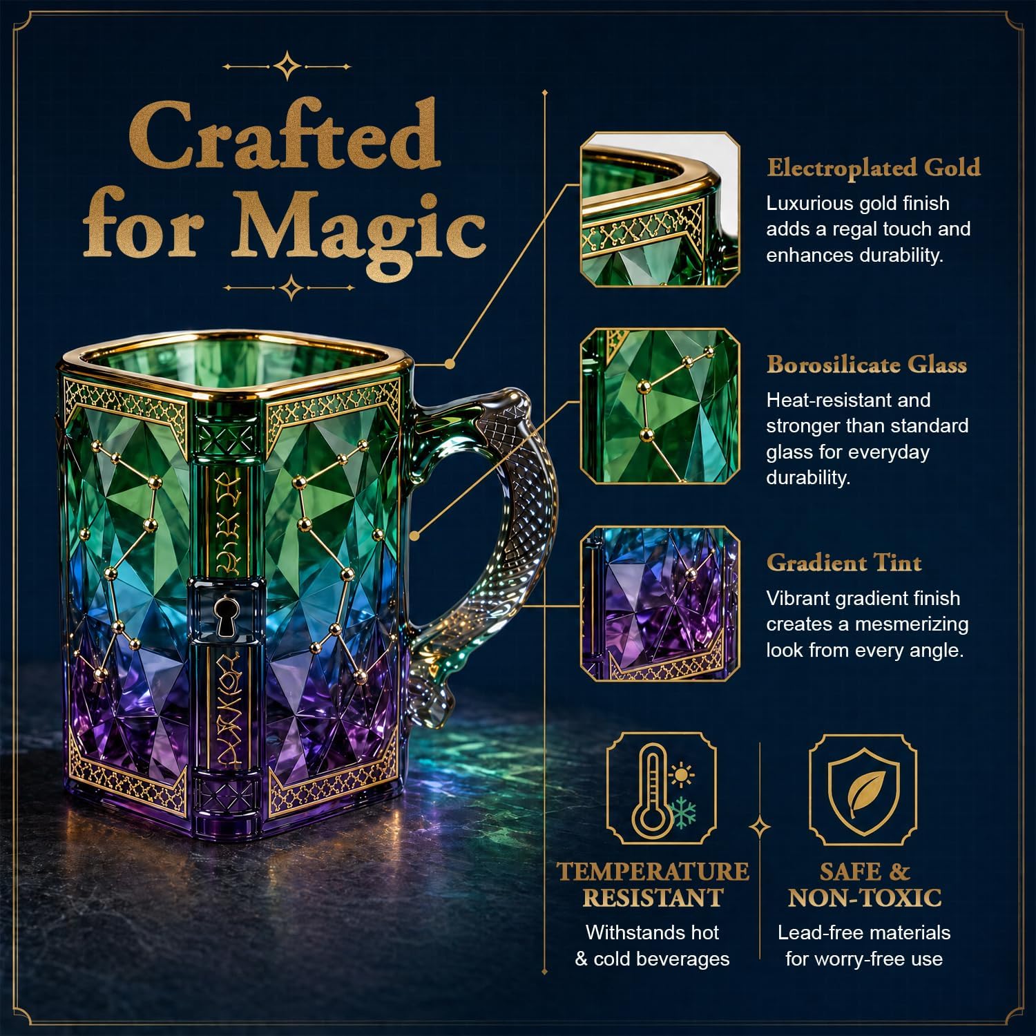 FACE N FACE Zodiac Glass Mug, 8 oz Celestial Constellation Coffee & Tea Cup with Dragon Scale Handle, Green Purple Astrology Mug, Witchy Magic Cup for Halloween Christmas Gift