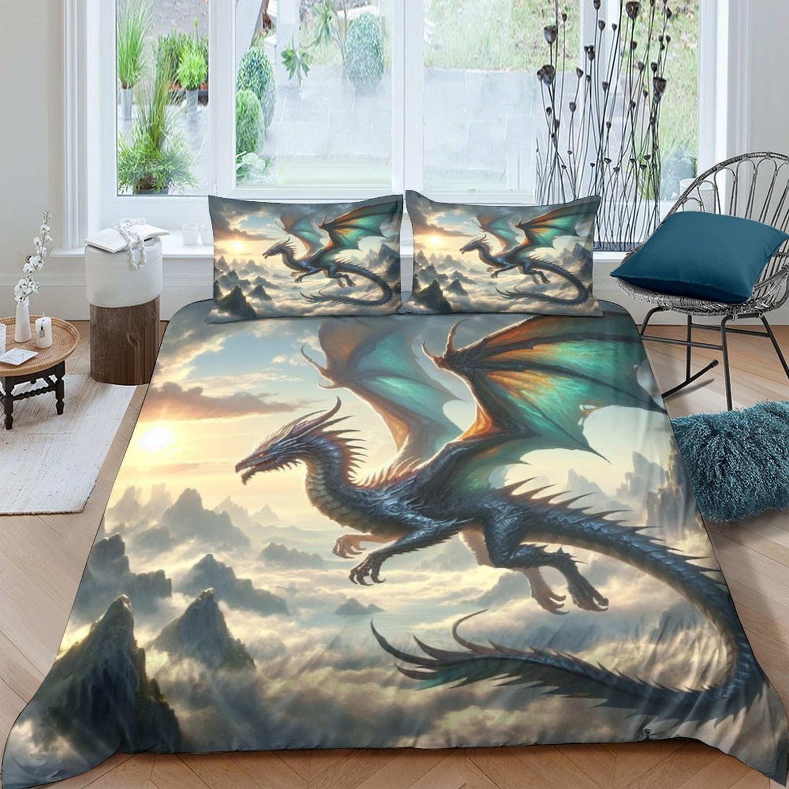 TNFHSOFT Flying Dragon 3d Print Duvet Cover Bedding Set Kids Teens Comforter Cover Set Soft Microfiber Quilt Cover with Zipper Closurewith with Pillwocase Double（200x200cm）