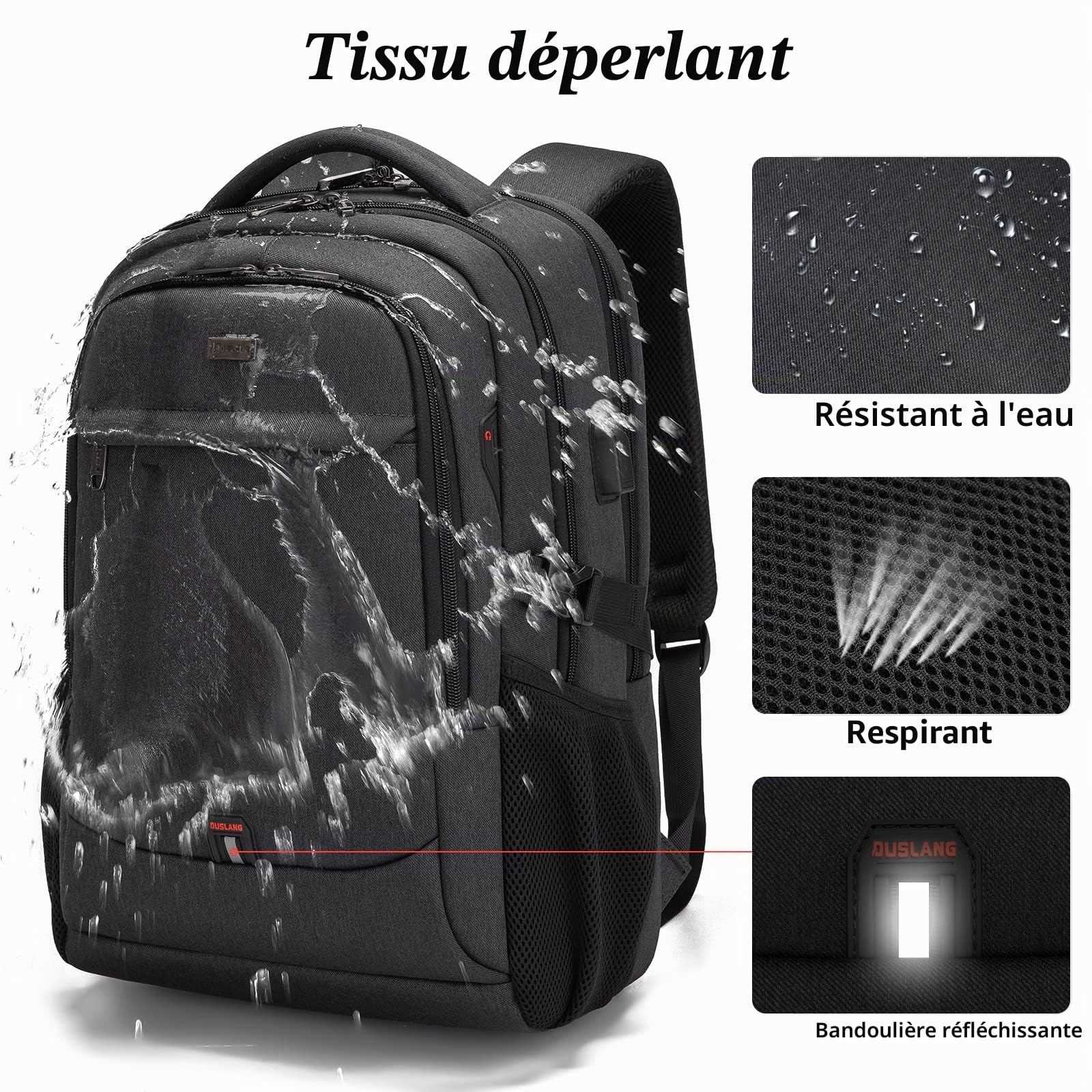 Sac à Dos Ordinateur Portable 17 Pouces Homme Fonctionnel Sac à Dos PC Portable avec USB Charging Port Imperméable Antivol pour Collège Affaire Scolaire Voyage - Noir