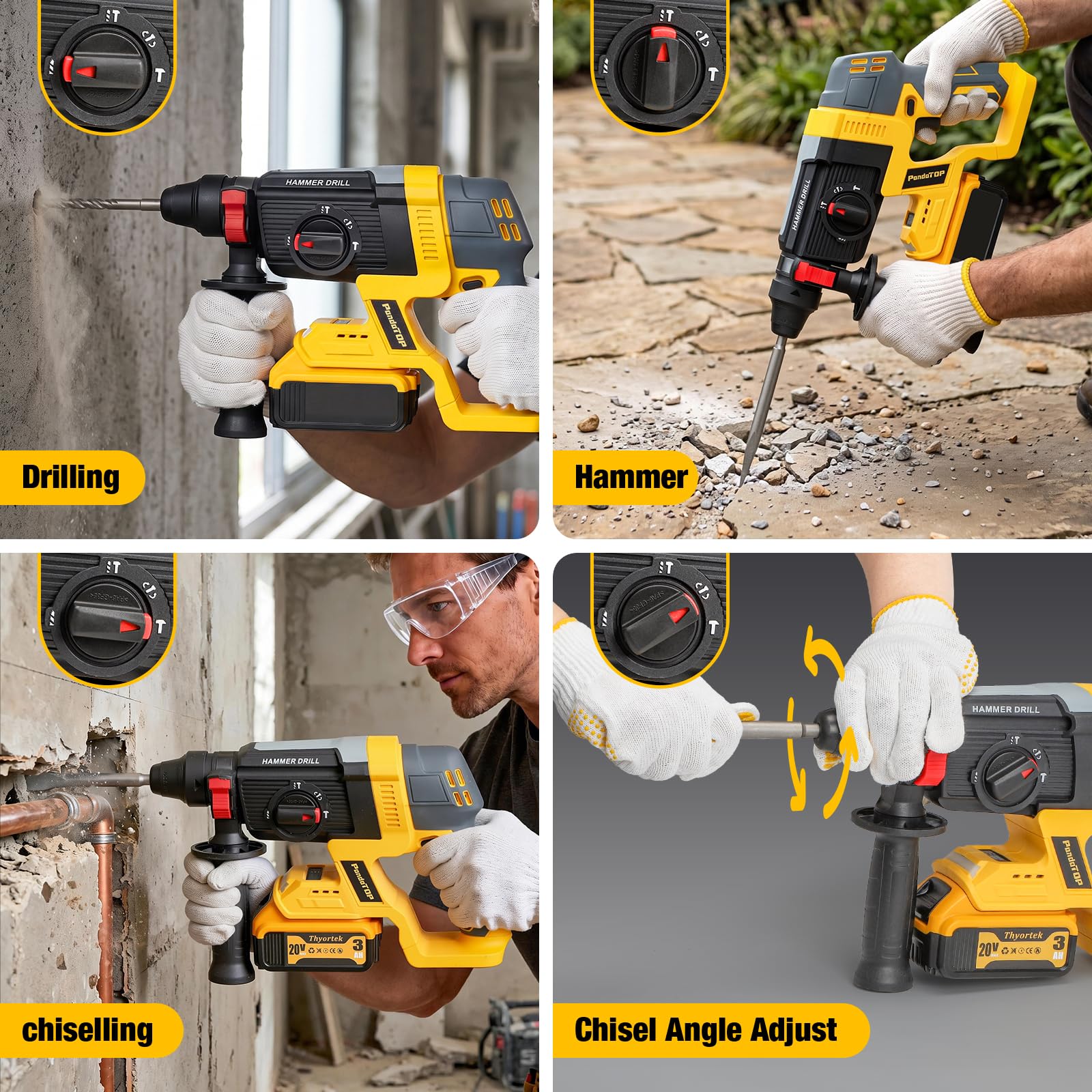 SDS Plus - Trapano a percussione senza fili per Dewalt 20 V Max Batteria, 20 V, senza spazzole, per calcestruzzo, muratura, legno, metallo, rotomartillo, 4 funzioni, 5 trapani con guanti (batteria non