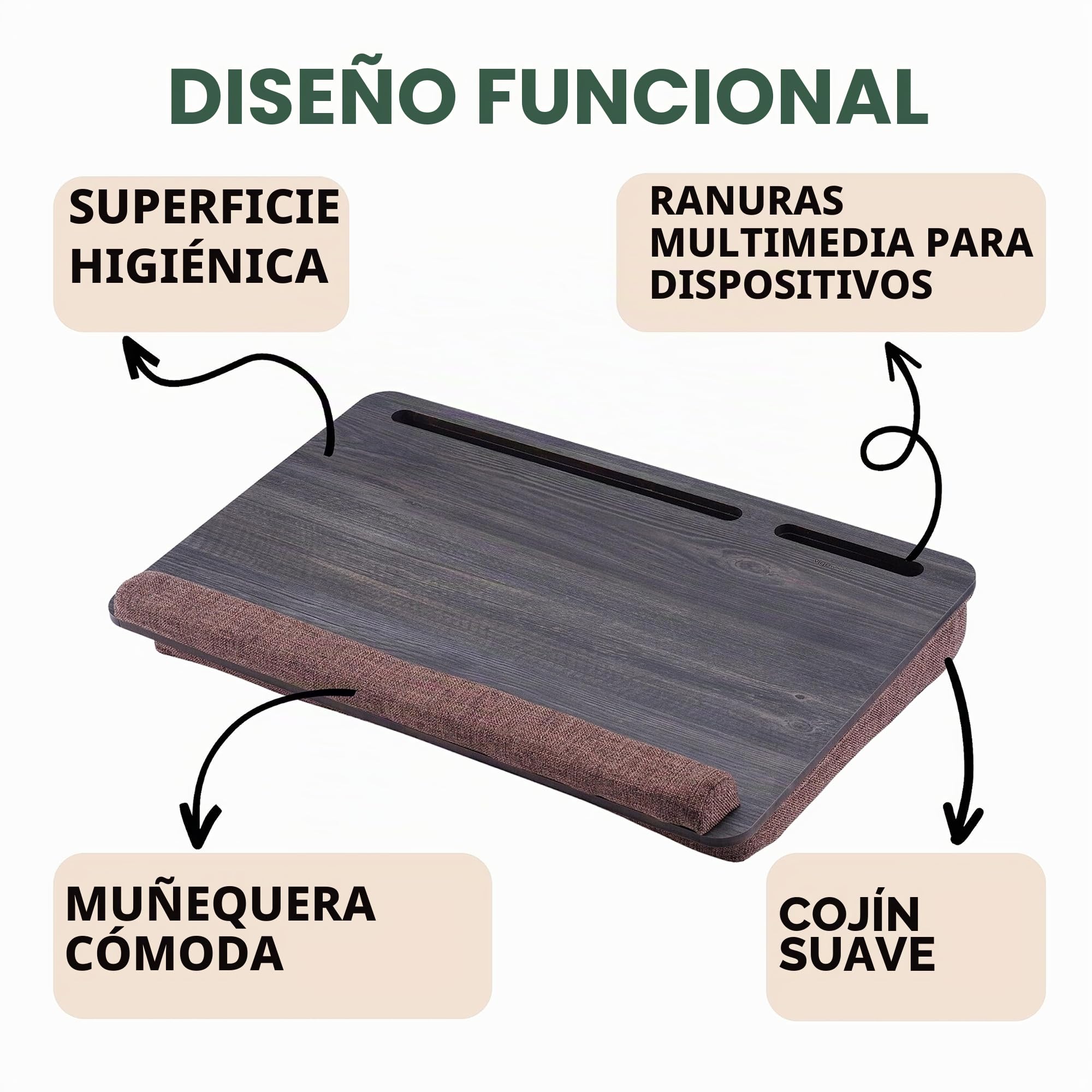 Vigo Wood Escritorio de Regazo XL de Madera con Cojín para Portátiles hasta 17,3'', con Soporte para Ratón, Tablet y Teléfono, Ideal para Cama y Sofá (Cambridge Y Marrón)