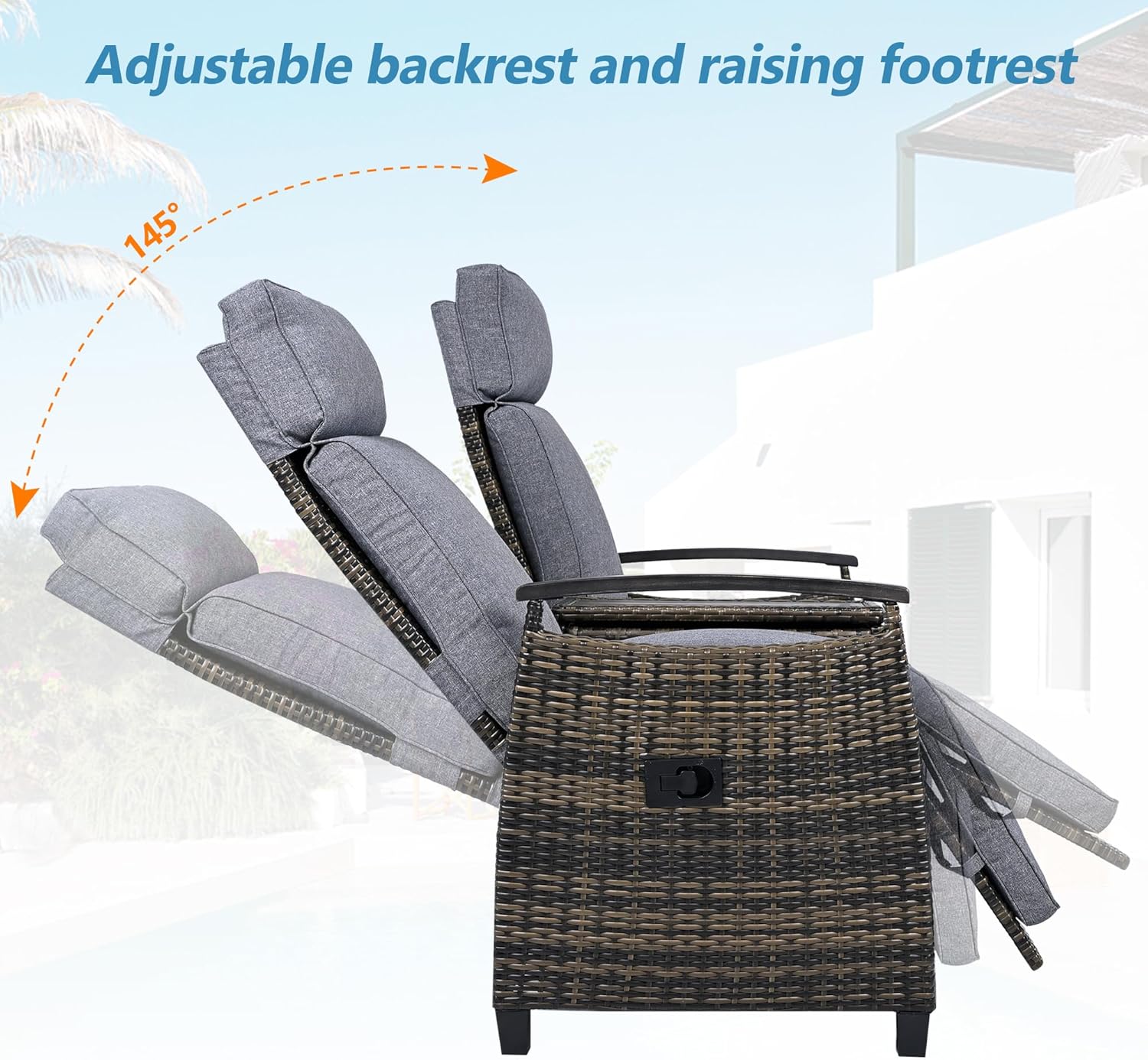 Patio Loveseat Sofa Couch with Built-in Table, Outdoor Recliner Chair with Adjustable Backrest and Footrest, Wicker Chaise Lounge Chair for Porch, Garden, Balcony, Lawn (Gray)