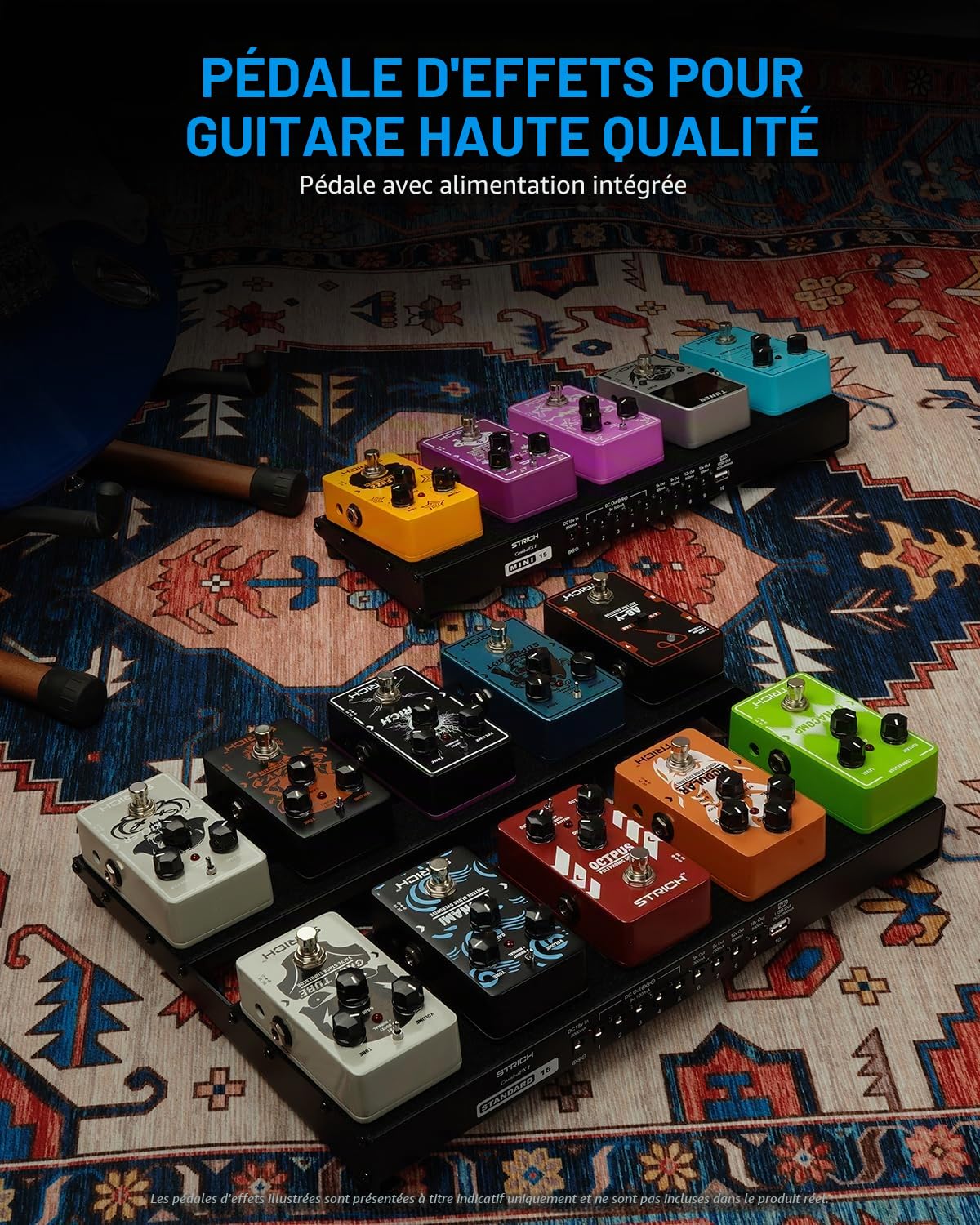 STRICH Pedalboard guitare avec alimentation intégrée – Léger et robuste – 38 x 28 cm – 985 g – Alliage d’aluminium léger – Housse incluse – Bandes auto-agrippantes – PB-S15
