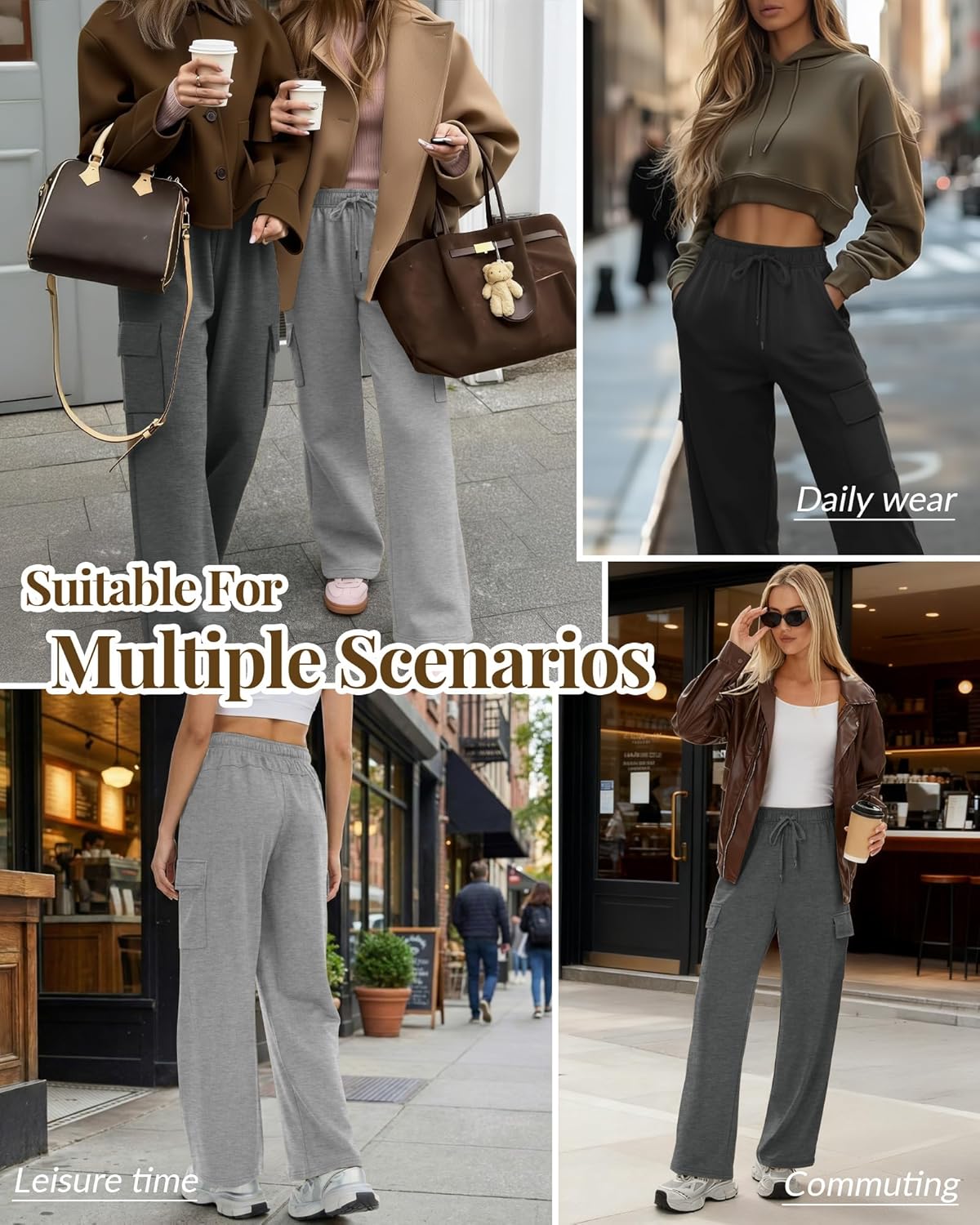 3 Pack Women's Cargo Sweatpants Wide Leg Baggy Elastic Drawstring Pants Casual Athletic Joggers with 4 Pockets - Image 2