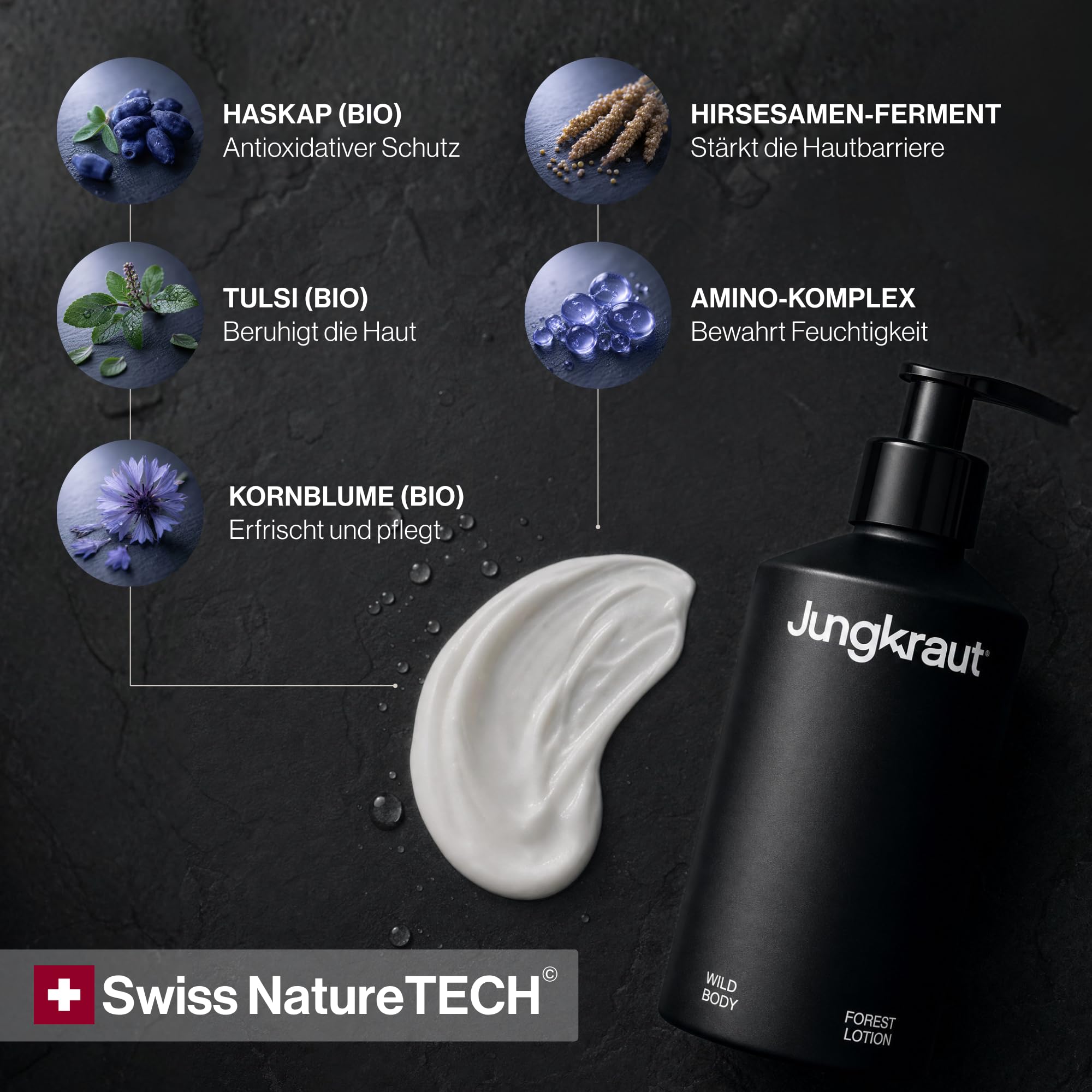 Wild Forest Body Lotion Set Männer 300ml Aluflasche + 300ml Refill, natürliche Körperlotion, ultraleicht, nicht klebend, Swiss Made, vegan