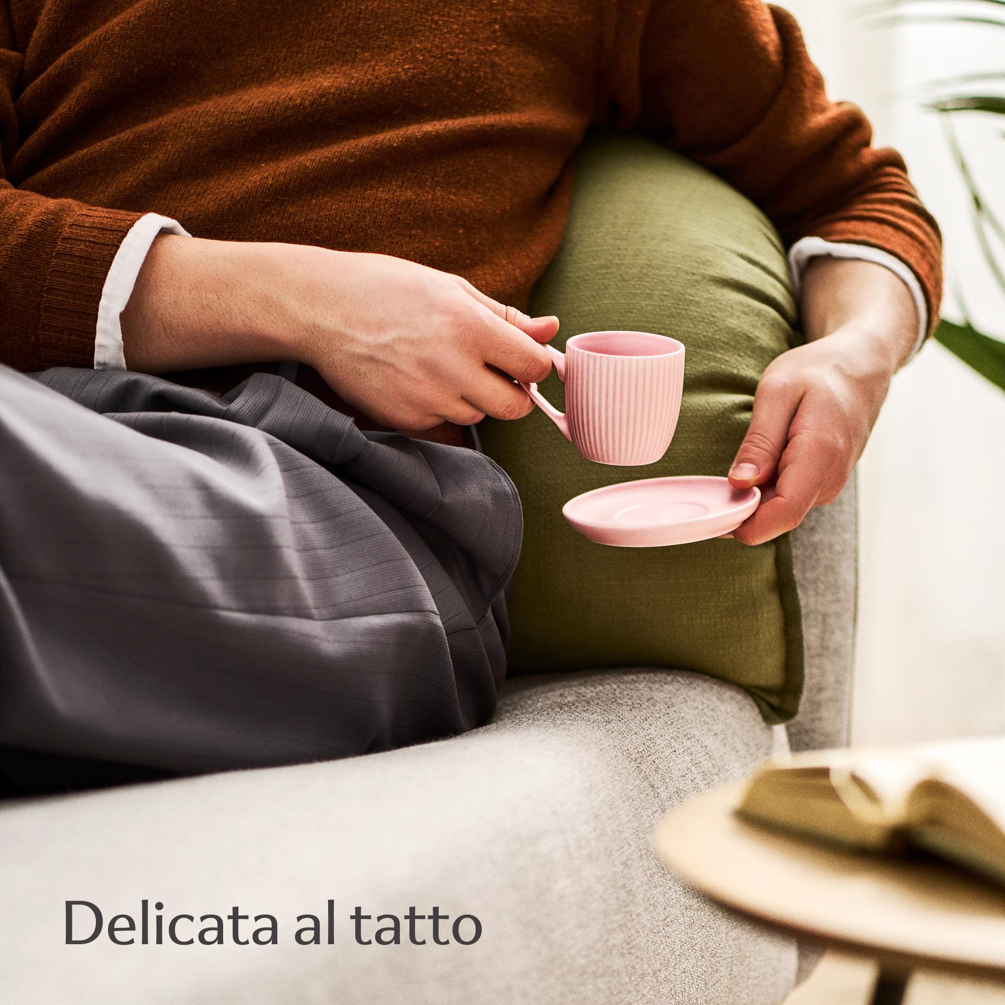 Cosumy Tazzine Caffe Espresso Moderne con Piattino - 6 Tazze 90ml con Manico - Unico disegno a righe - Ceramica Colorate Opaca - Lavabili in lavastoviglie