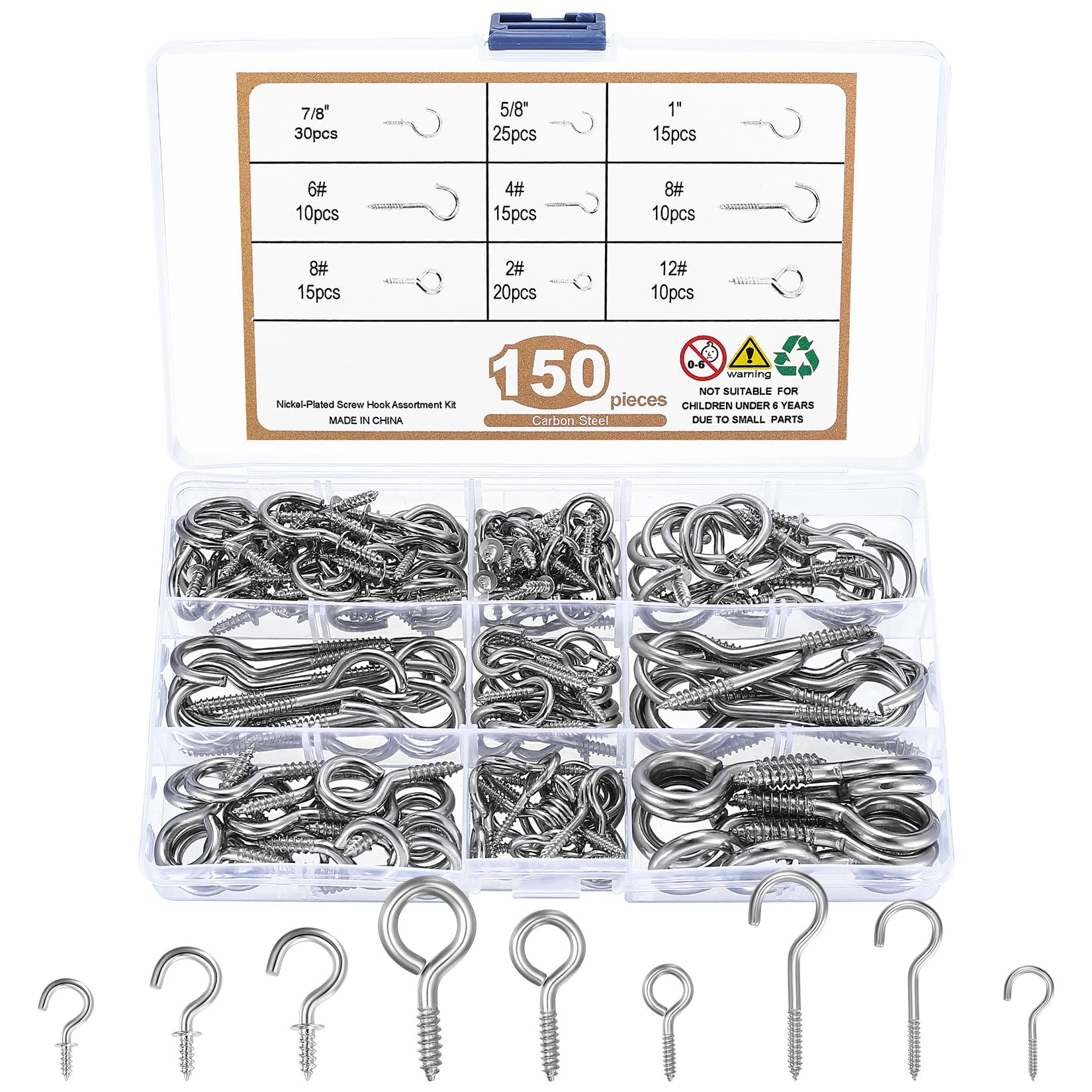 pzihao Pack of 150 Screw Hooks Set, Stainless Steel Hooks for Screwing, Screw-In Hooks with Thread, Hook Screws, Metal Ceiling Hooks for Hanging Cup Key Lamps Decoration (Silver)
