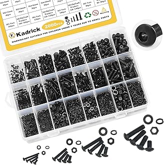Kadrick Metric Screw Assortment, 2000PCS Metric Bolt Assortment Kit M2 M3 M4 M5 Machine Screws with Lock & Flat Washers, Grade 10.9 Alloy Steel Hex Socket Button Head Black Screws Nuts and Bolts Kit