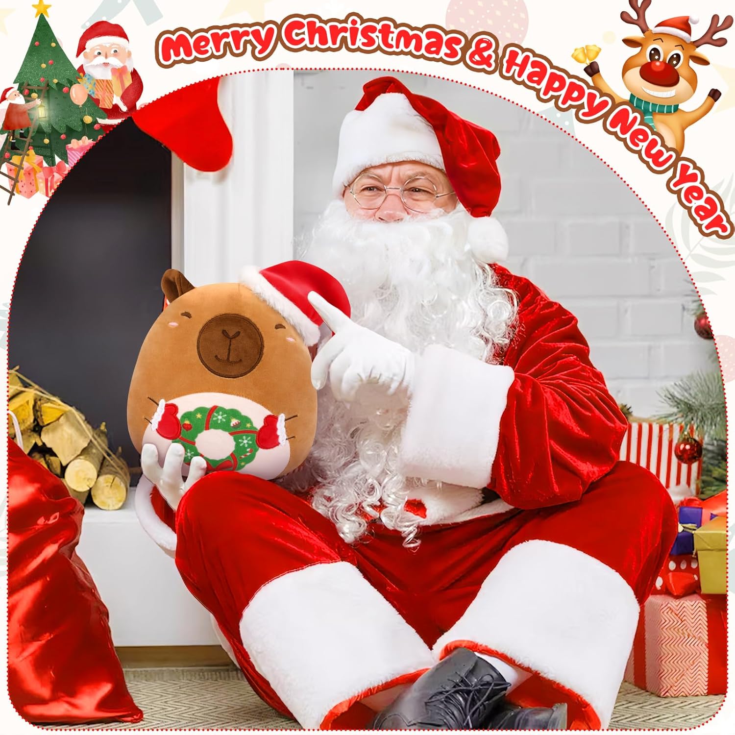 Christmas Capybara Plush,Cute Capybara Stuffed Animal with Santa Hat and Garland,Christmas Plush for Kids Boys Girls
