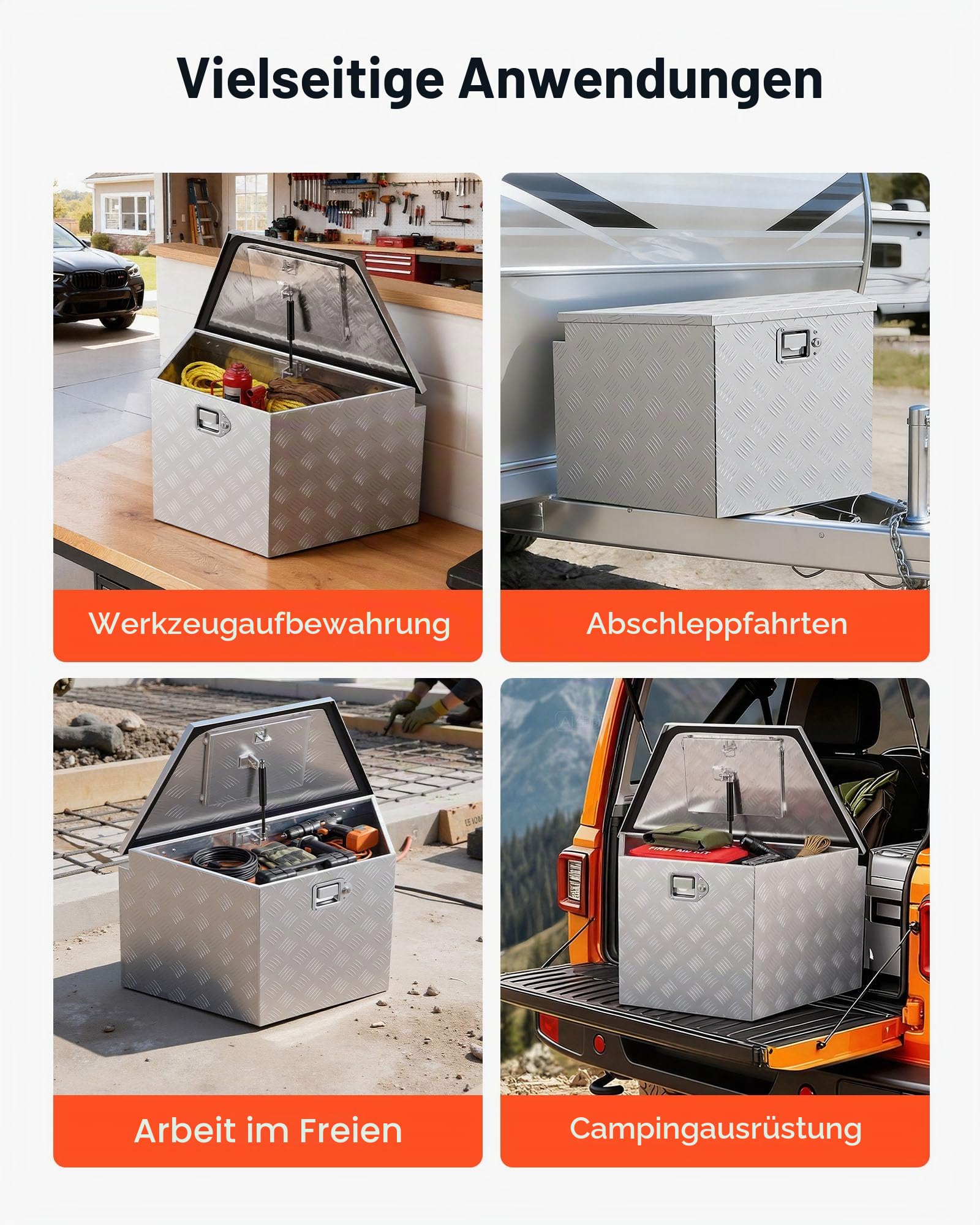 VEVOR Deichselbox Truckbox 737 x 410 x 457 mm aus Aluminium, 50 kg Belastbare Werkzeugaufbewahrungsbox mit Schloss & Schlüsseln, Anhängerbox für Pickup-Ladeflächen Wohnmobile SUVs Geländewagen, Silber